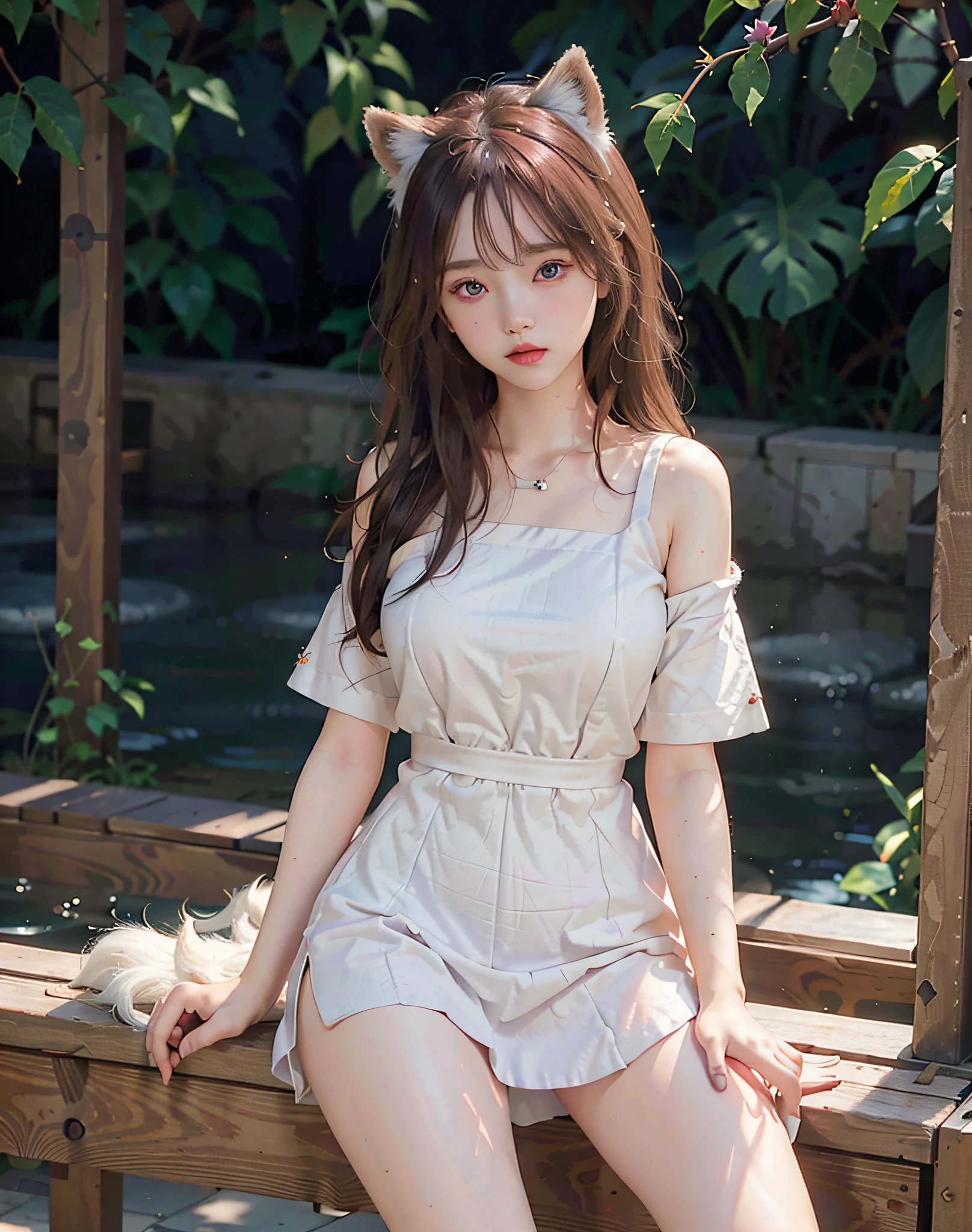 1 Girl, Medium Tits, Starry Eyes, (8k, RAW Photo, High Sensitivity, Best Quality, Masterpiece, Ultra High Resolution, Realism: 1.25), Blush, (Very Detailed CG Unity 8k Wallpaper, Best Quality, High Resolution: 1.2), (ultra_detailed, UHD: 1.2), Perfect Lighting, Unique, (1 Girl: 1.4), (Pretty Girl: 1.2), Unreal Engine, Side Light, White Hair, Fox Ears, Purple Eyes, Perfect Face, Detailed Face, Perfect Body, Beautiful Eyes, Beautiful Face, (Bright Skin: 1.4), Idol, (Full Body), Red T-shirt, Transparent,