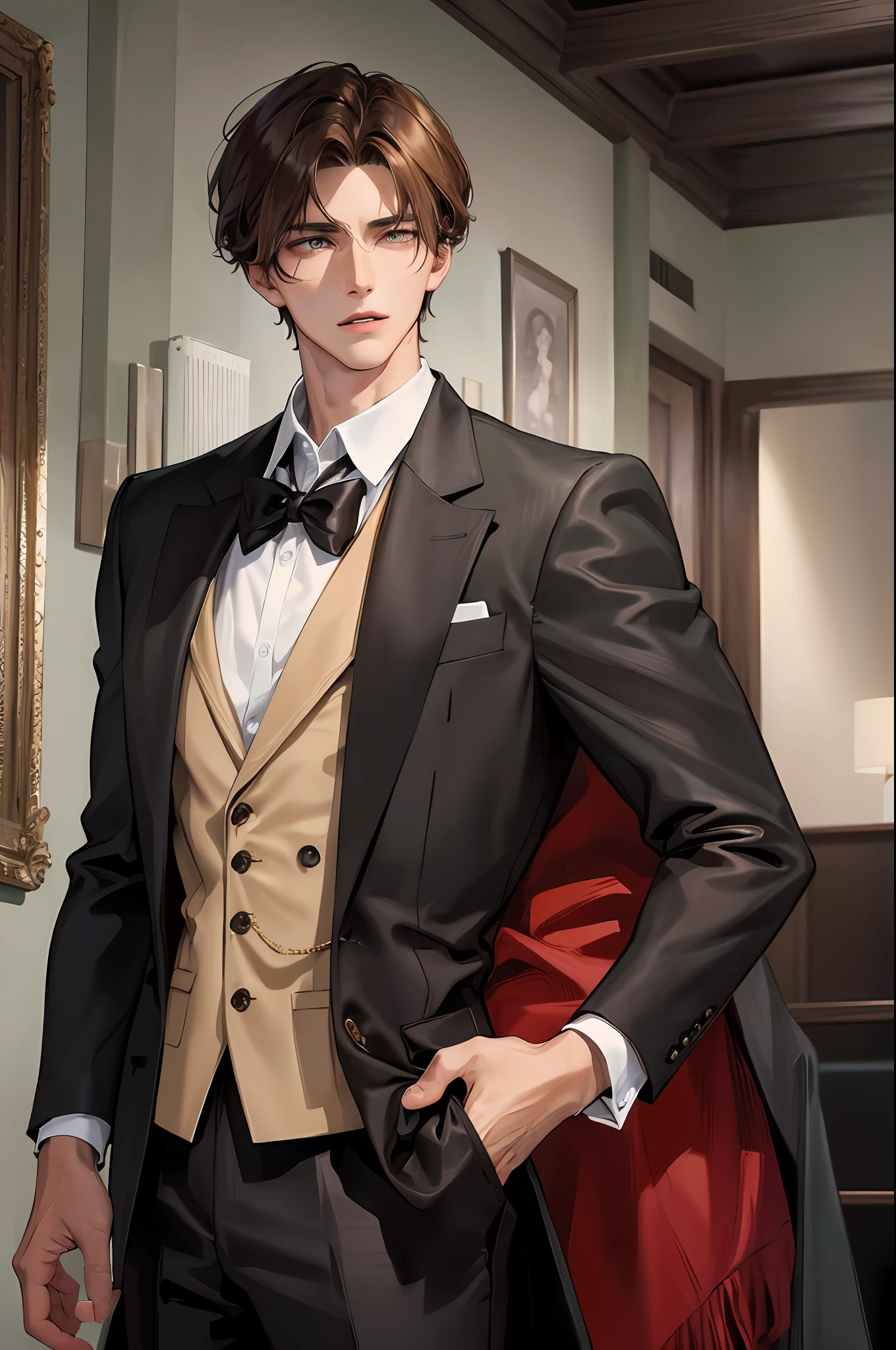 (High resolution, distinct_image) Superb man, Masterpiece, High detail, Half realistic, Brown short haired man, Brown hair, Short hair, Medium parting, 18 years old, Young, Tall and strong, Blackened jacket, Gray blue clothes, Student, College , indoor background, chic, natural, handsome, autocratic, strong aura, exquisite facial features, facial features details,