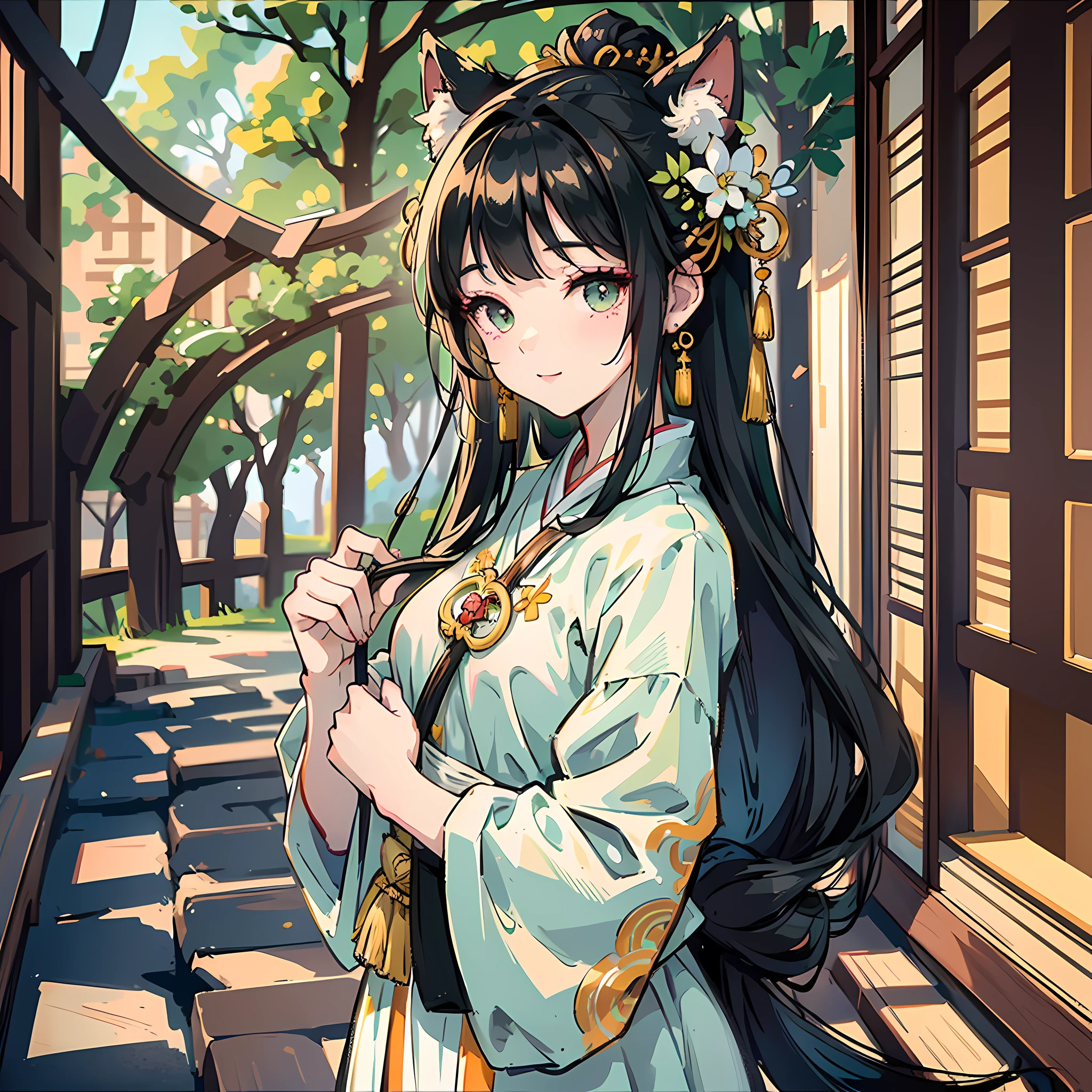 1 Chinese girl, big eyes shining, pure and cute, delicate, petite, sweet smile, long black hair, white furry cat ears on the head, ancient Chinese white long skirt, green accessories, ancient accessories on the head, gorgeous, elegant, frontal facing the lens, above the waist, background is ancient Chinese architecture, pavilions, background bokeh, depth of field, soft light, warm colors, best quality, rich details, 8K --auto --s2