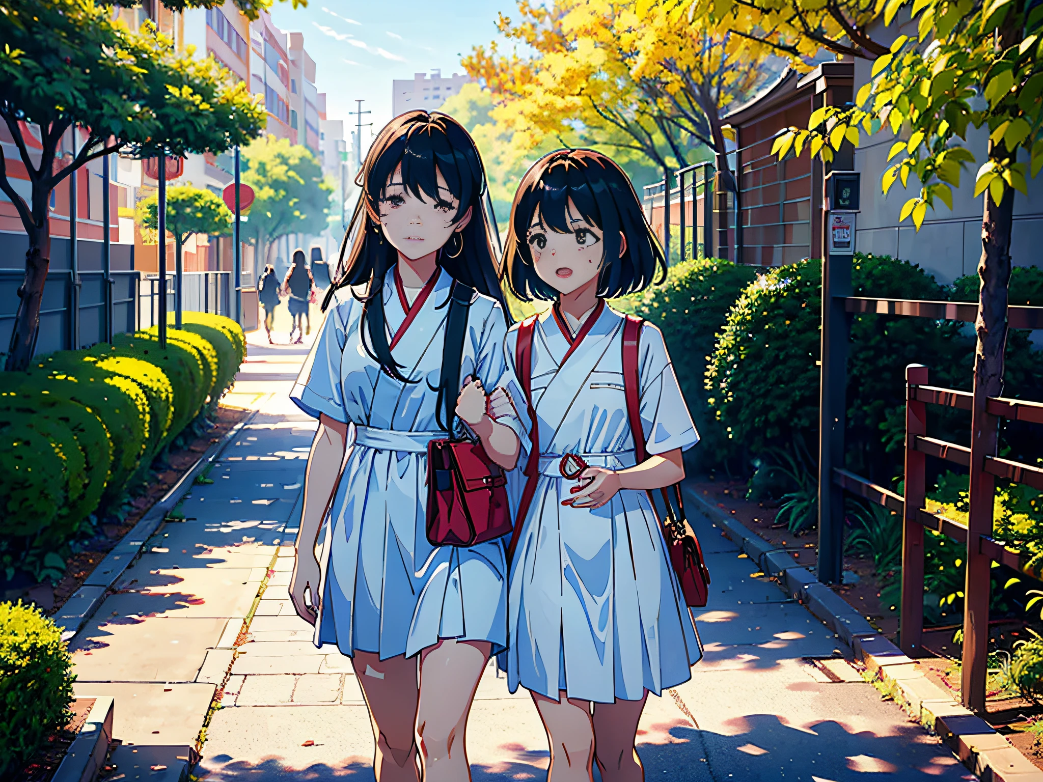 The afternoon sun was shining, two female students on campus walking next to the court: 1.5, (three female students 1.5) wearing a small white dress, the background is the teaching building, walking on the path, holding a stationery bag in his hand, whispering, (facial expression surprised: 1.5) facial expression surprised, mouth open, (tears: 1.5), expression sobs, the lens is mainly featured on the upper body, in the Loepfe art style ((Xinhai City), popular in CGStation, Shinkai Cheng H 2160, inspired by Bian Shoumin, Xinhaicheng, Kavassi, Guwitz style, high quality, 4K, 8K, resolution, -auto-s2