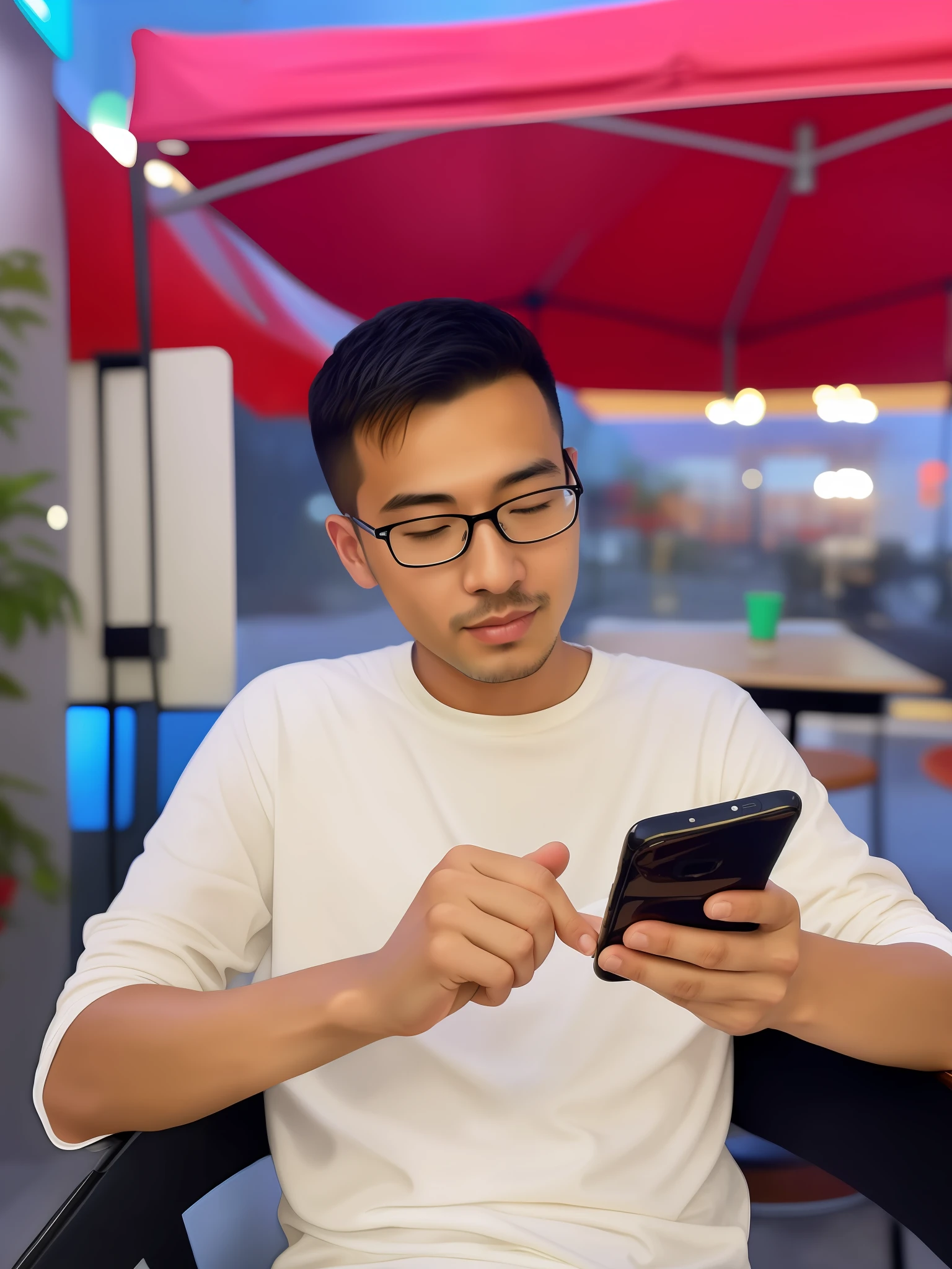 arafed man sitting in a chair looking at his cell phone, looking at his phone, he is holding a smartphone, sitting in a cafe alone, holding a very advance phone, sitting in a cafe, sitting alone in a cafe, lawther sit at table playing dnd, handsome man, portrait shot, chinese artist, digital artist, young man with short, looks realistic