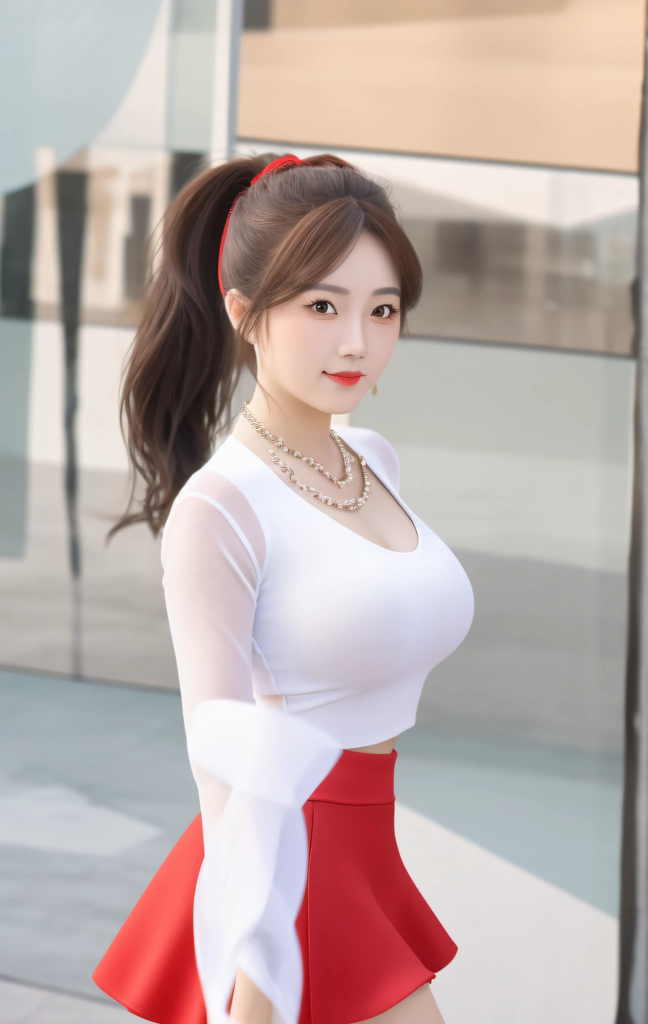 Best Quality, Masterpiece, High Resolution, 1 Girl, Ponytail, Red Miniskirt, Hair Accessories, Necklace, Beads, Beautiful Face, Physics, Tyndall Effect, Realistic, Main Street, Cycling, Edge Lighting, Two-tone Lighting, (High Detail Skin: 1.2), 8k UHD, DSLR, Soft Light, High Quality, Volumetric Light, Voyeur, Photo, High Resolution, 4K, 8K, Bokeh, Big Breasts, Full Body, Long Legs, High Heels, White Leggings, Trimmed Face