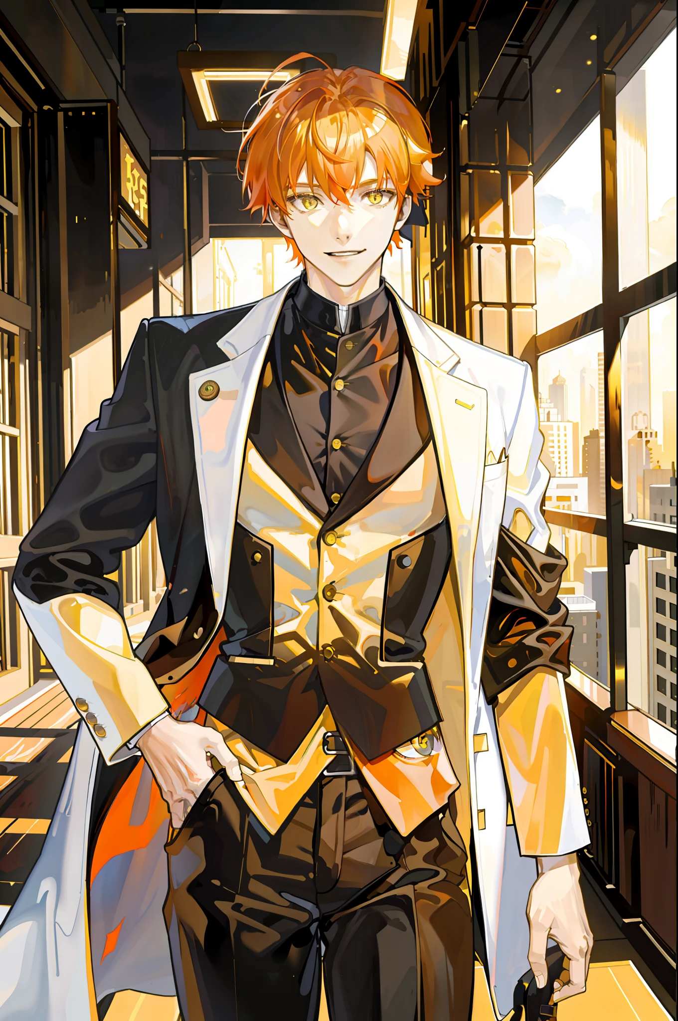 masterpiece, better quality, ((1 man)), ((orange hair)), ((yellow eyes)), (smile), (athletic build), (black pants), (white shirt), ((blazer)), (perfect face)