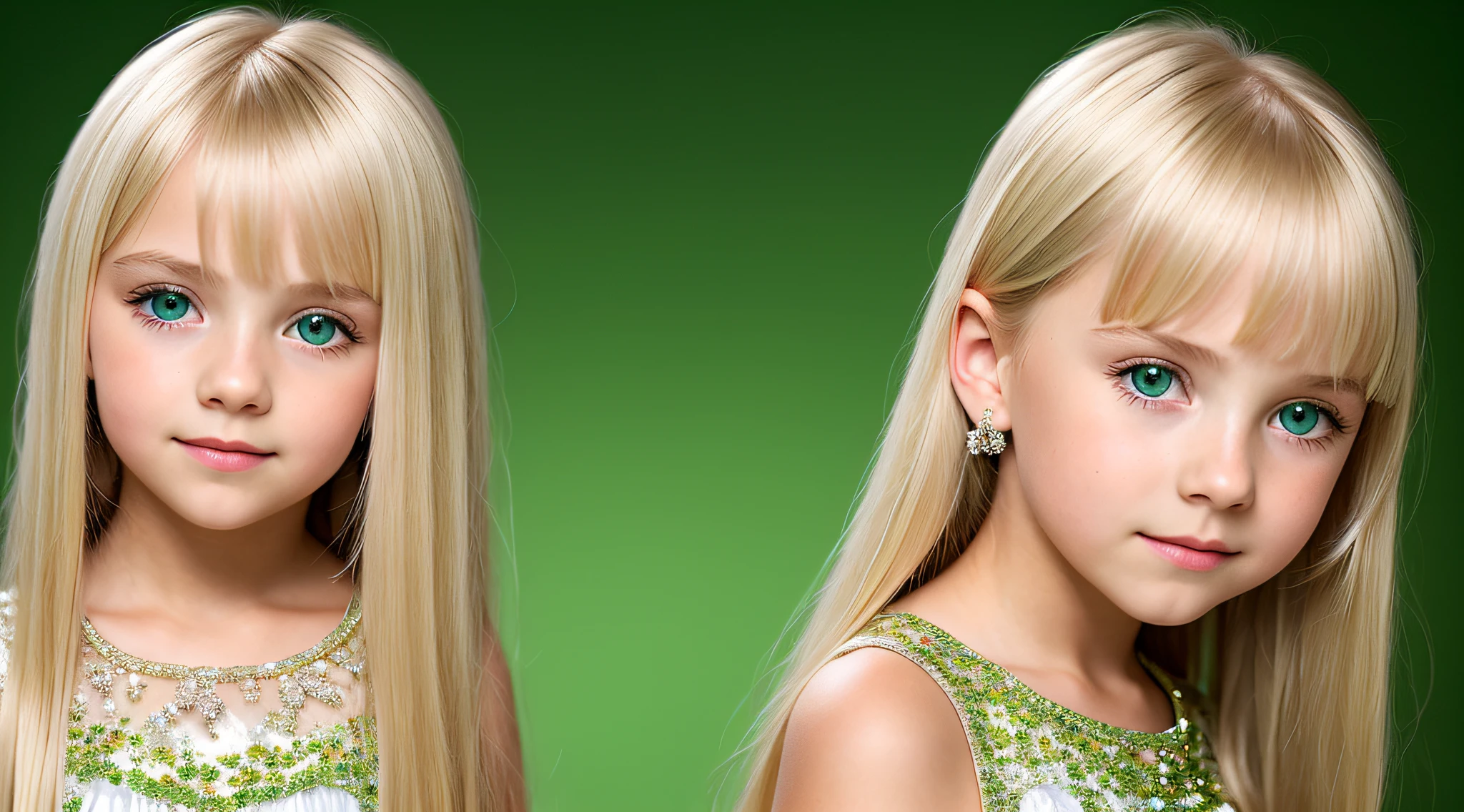 10 years old BLONDE girl, golden eyes, platinum hair girl, pearl brooch in hair, STRAIGHT GREEN BACKGROUND.