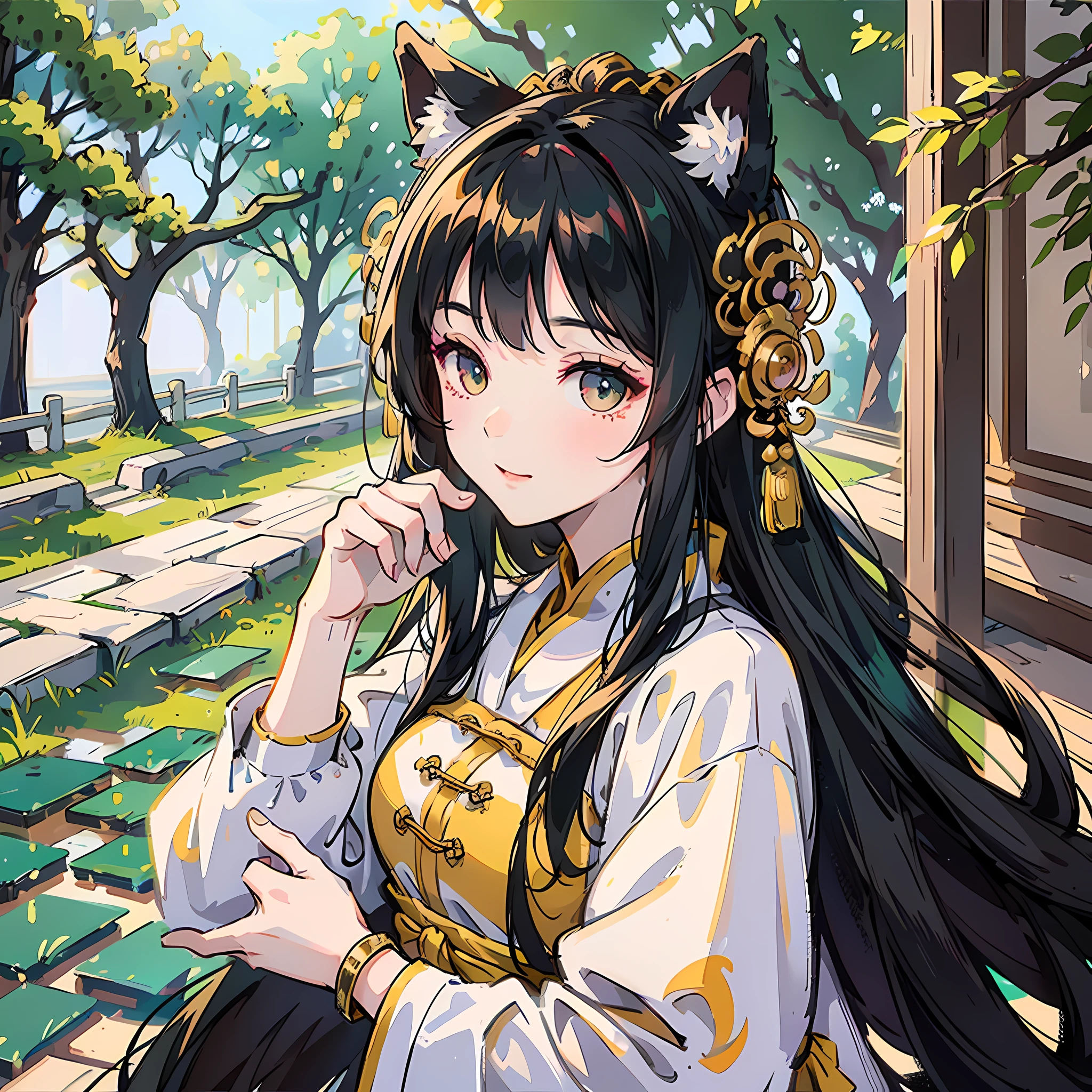 1 Chinese girl, big eyes shining, pure and cute, delicate, petite, sweet smile, long black hair, white furry cat ears on the head, ancient Chinese white long skirt, green accessories, ancient accessories on the head, gorgeous, elegant, frontal facing the lens, above the waist, background is ancient Chinese architecture, pavilions, background bokeh, depth of field, soft light, warm colors, best quality, rich details, 8K --auto --s2