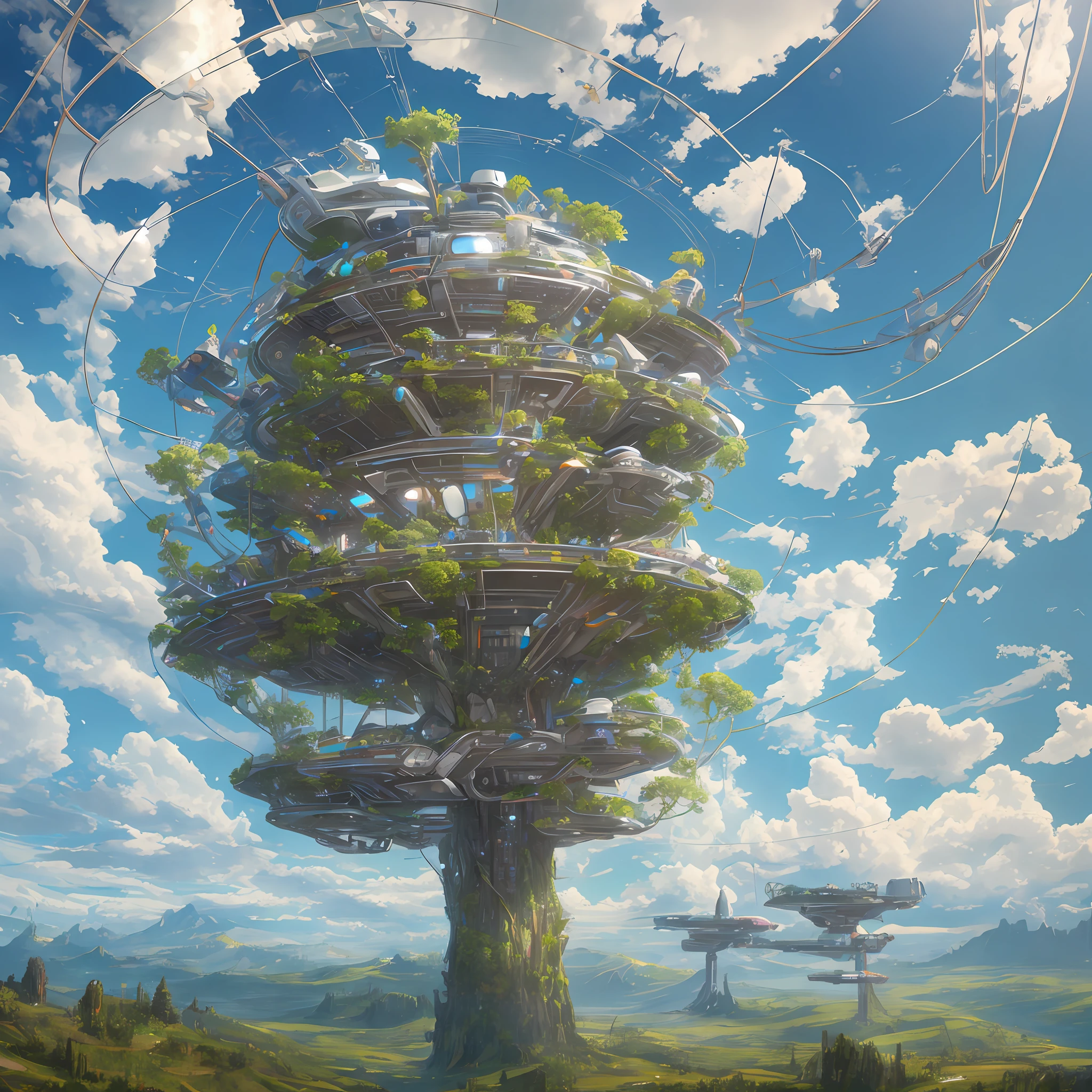 A futuristic robotic biopunk treehouse with wire sticking out of the trunk in the clouds on a surreal sunny day --auto --s2