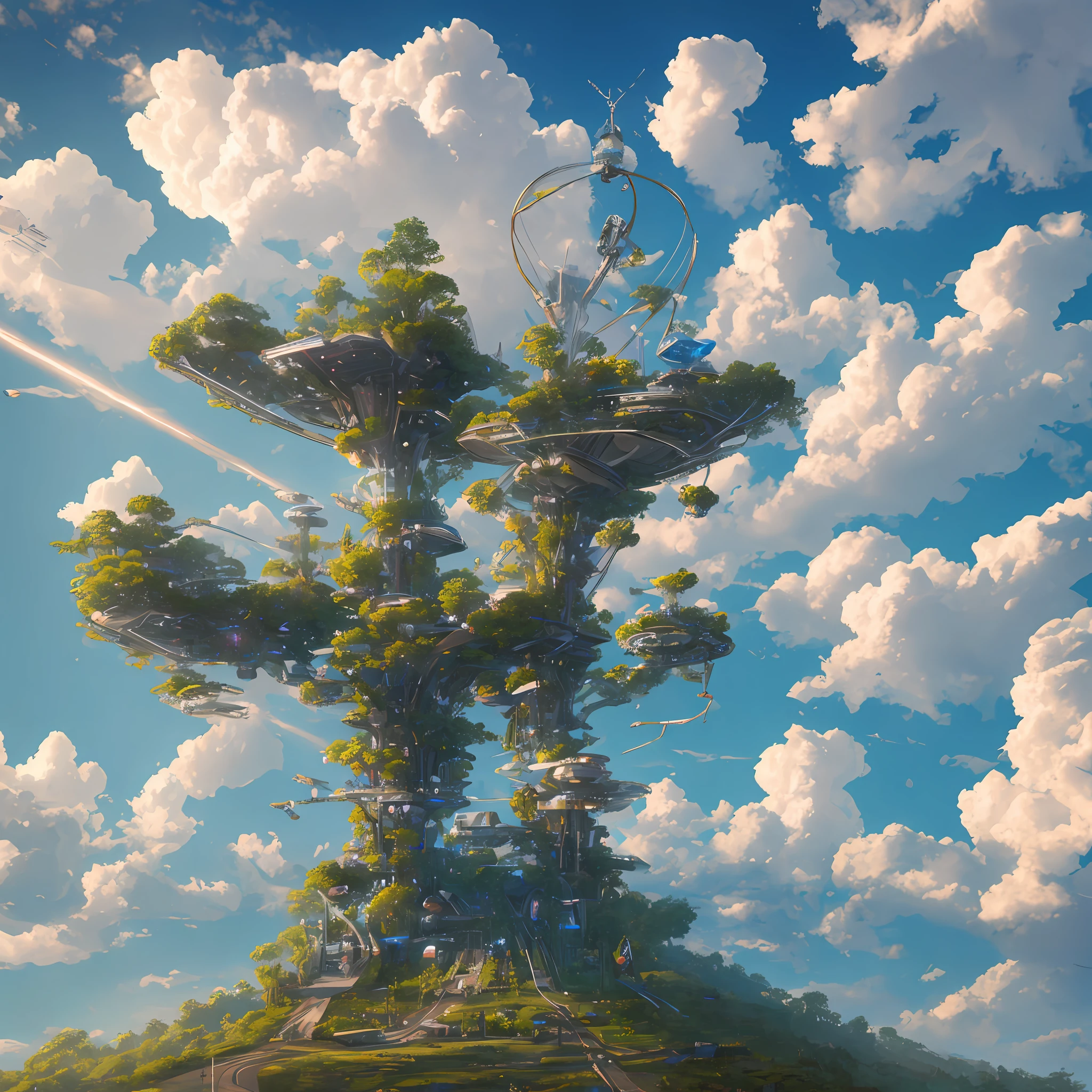 A futuristic robotic biopunk treehouse with wire sticking out of the trunk in the clouds on a surreal sunny day --auto --s2