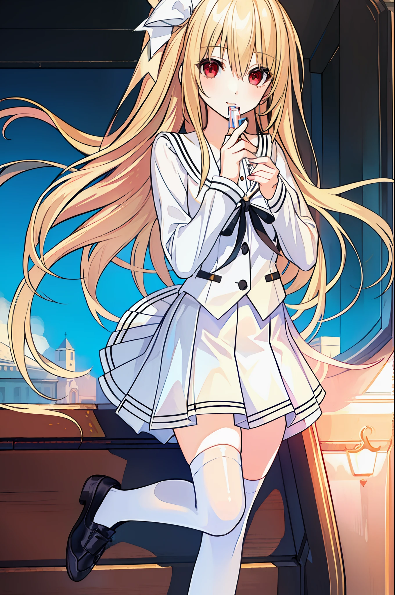 18 year old beautiful girl, ((((Masterpiece)))), ((highest quality)))), ((very detailed))), detailed fingers, precise fingers, not unnatural hands, illustration, 1 girl, solo, blonde right side pony, blonde long hair, white ribbon on right hair, white school uniform, red eyes, white mini skirt, white knee socks, black shoes, dynamic pose, MAYURI