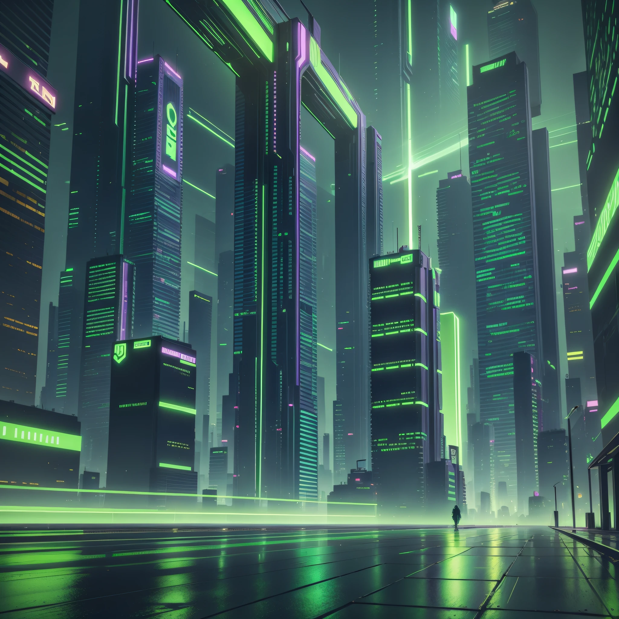 Cyberpunk City, fluorescent green gradient, cool décor, digital coding, dark background, lights and lighting effects, cityscape, deepening depth of field