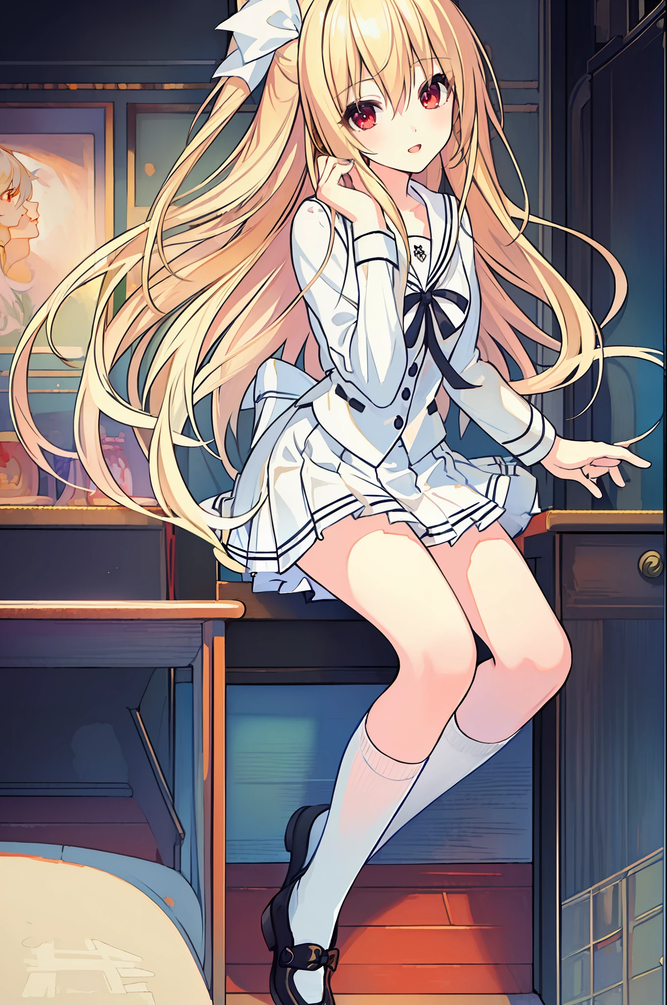18 year old beautiful girl, ((((Masterpiece)))), ((highest quality)))), ((very detailed))), detailed fingers, precise fingers, not unnatural hands, illustration, 1 girl, solo, blonde right side pony, blonde long hair, white ribbon on right hair, white school uniform, red eyes, white mini skirt, white knee socks, black shoes, dynamic pose, MAYURI