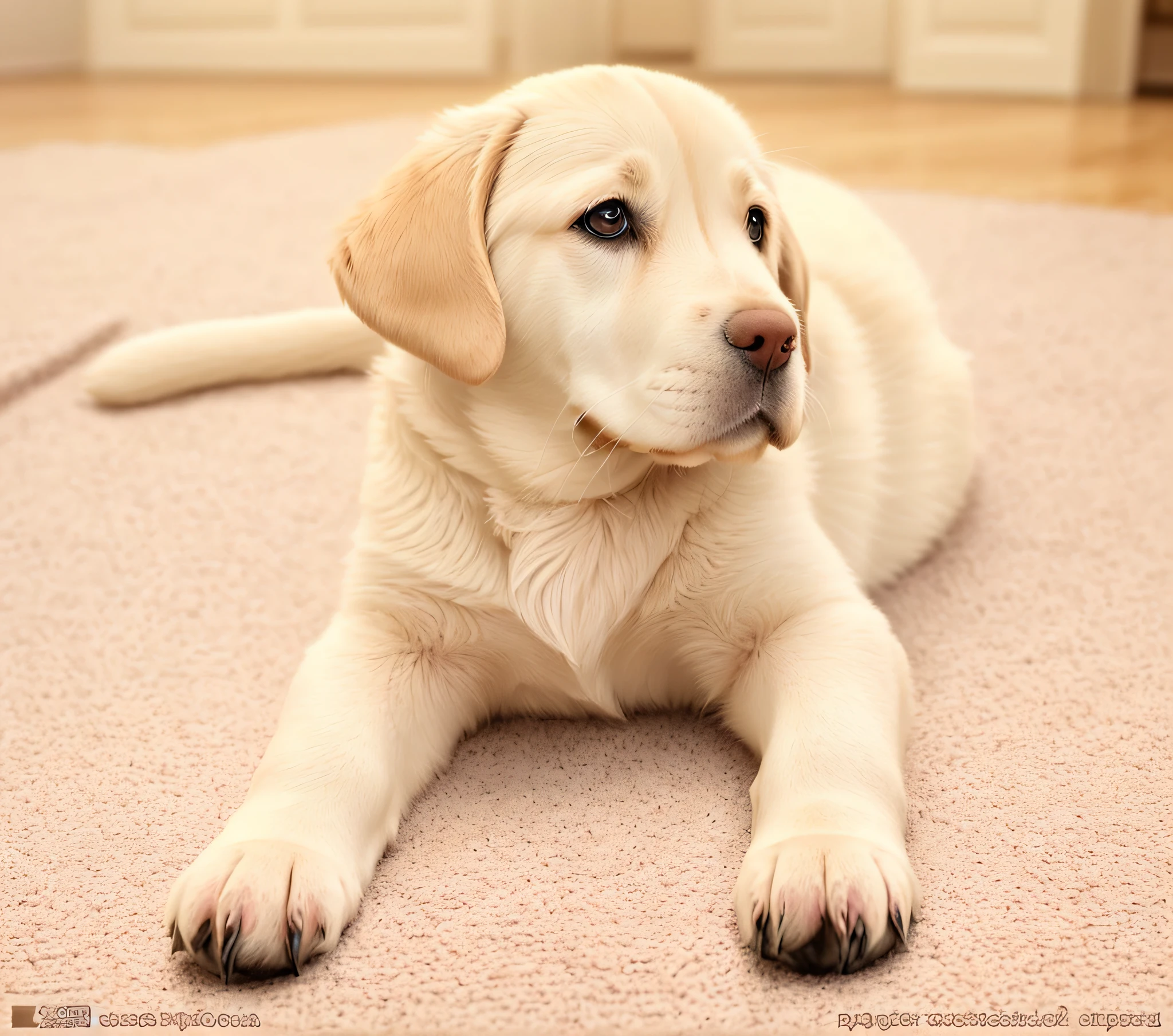 puppy laying on the floor looking at the camera, puppy, labrador, [ realistic photo ]!!, cute dog, soft!!, handsome, r/aww, pepper, aww, 360*, very very realistic, white labrador retriever face, a hyper realistic, cutest, pretty face!!, portrait!!, cutie, pet animal, awww, dog
