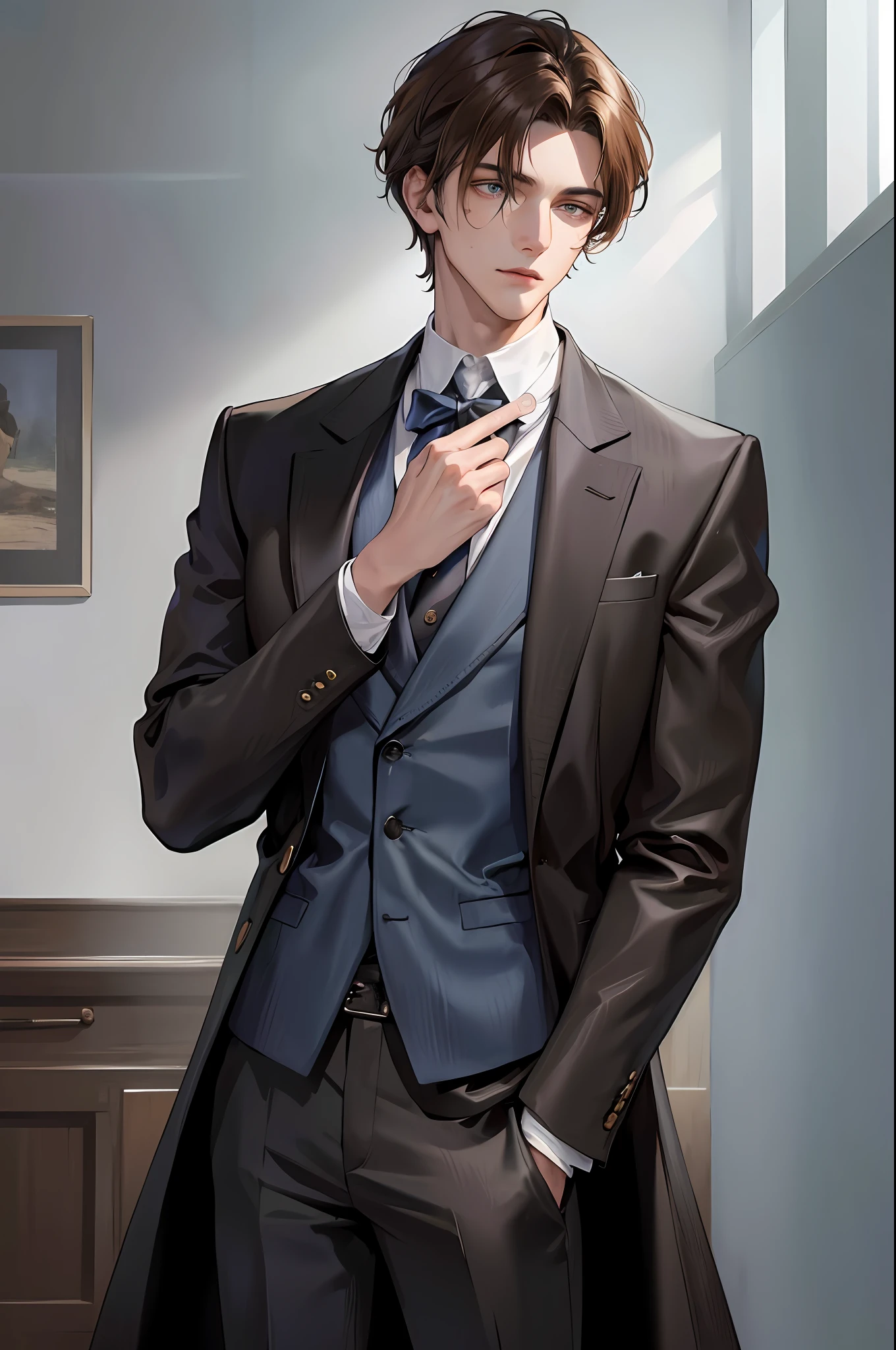 (High resolution, distinct_image) Superb man, Masterpiece, High detail, Half realistic, Brown short haired man, Brown hair, Short hair, Medium parting, 18 years old, Young, Tall and strong, Blackened jacket, Gray blue clothes, Student, College , indoor background, chic, natural, handsome, autocratic, strong aura, exquisite facial features, facial features details,