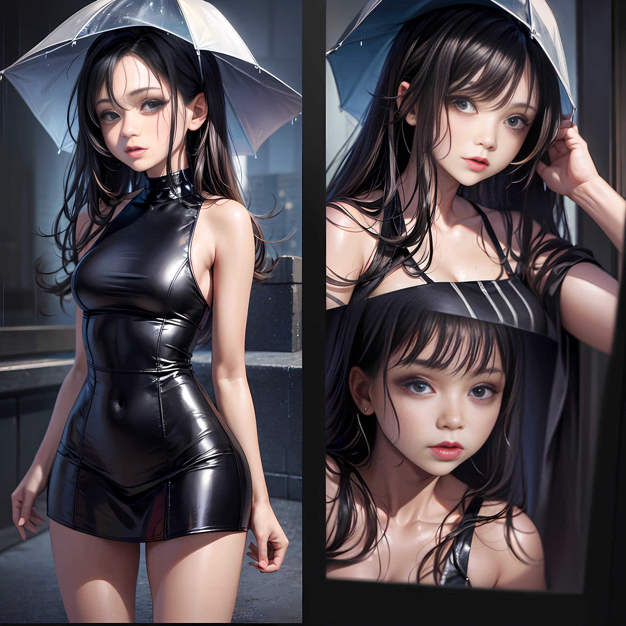 "Full body dress, Jenna Ortega, with wet hair in the rain, (masterpiece, best quality), sensual wearing a seductive outfit, vibrant eyes."