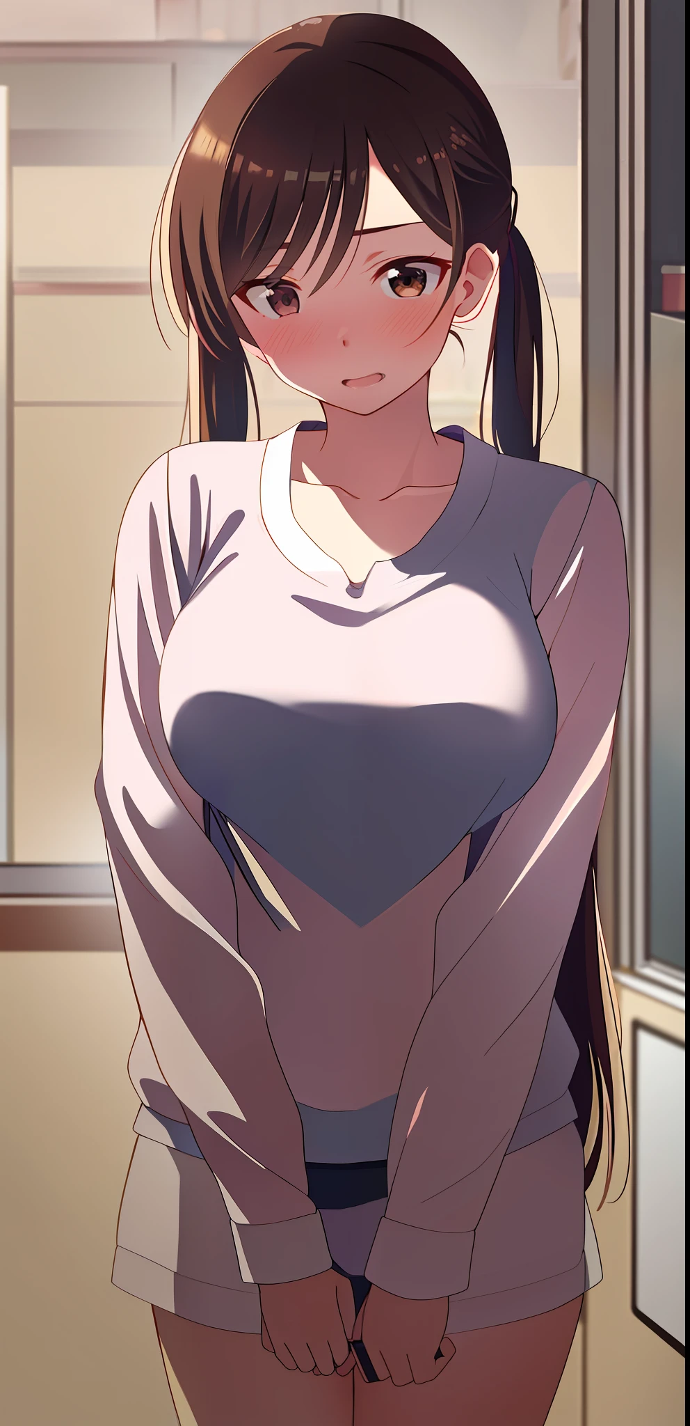 (realistic:1.3), (masterpiece), (best quality),  chizuru_ichinose, 1girl, solo, nsfw, long_hair, breasts, looking_at_viewer, blush, open_mouth, large_breasts, brown_hair, cleavage, brown_eyes, medium_breasts, collarbone, swimsuit, upper_body, ((bikini)), halterneck, pink_bikini, selfie,