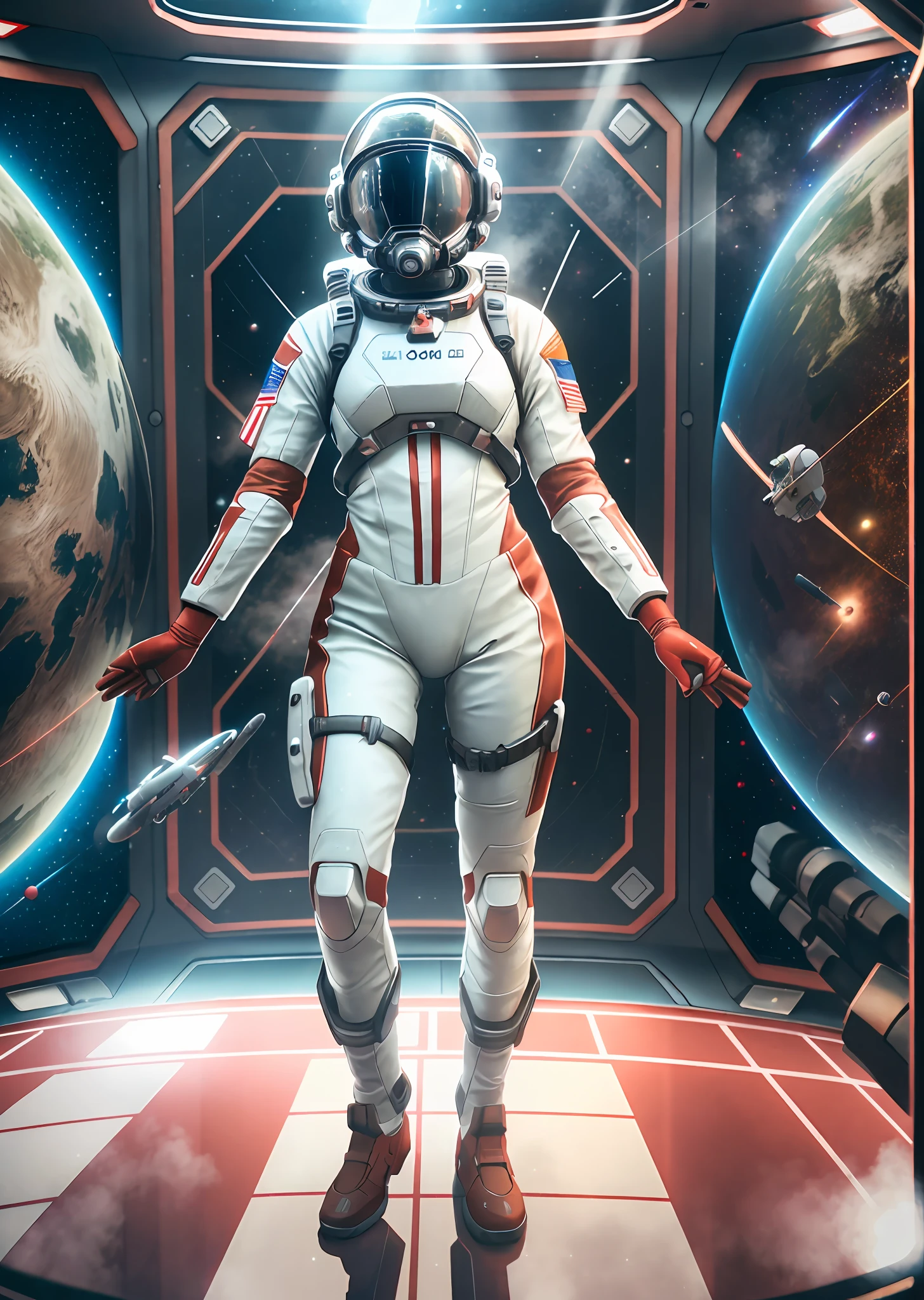 Very detailed RAW color photographs, (female astronaut in a red and white spacesuit, floating pose, arms and legs slack, futuristic helmet, mask, respirator), suspended in space, space, (science fiction), (two satellites), (very detailed, complex), (halo: 0.7), particle effects, ray tracing, cinematic lighting, depth perspective, Sony lens, A9 II, 24 mm wide-angle lens, sharp lens focus, sharp focus, movie stills --auto --s2