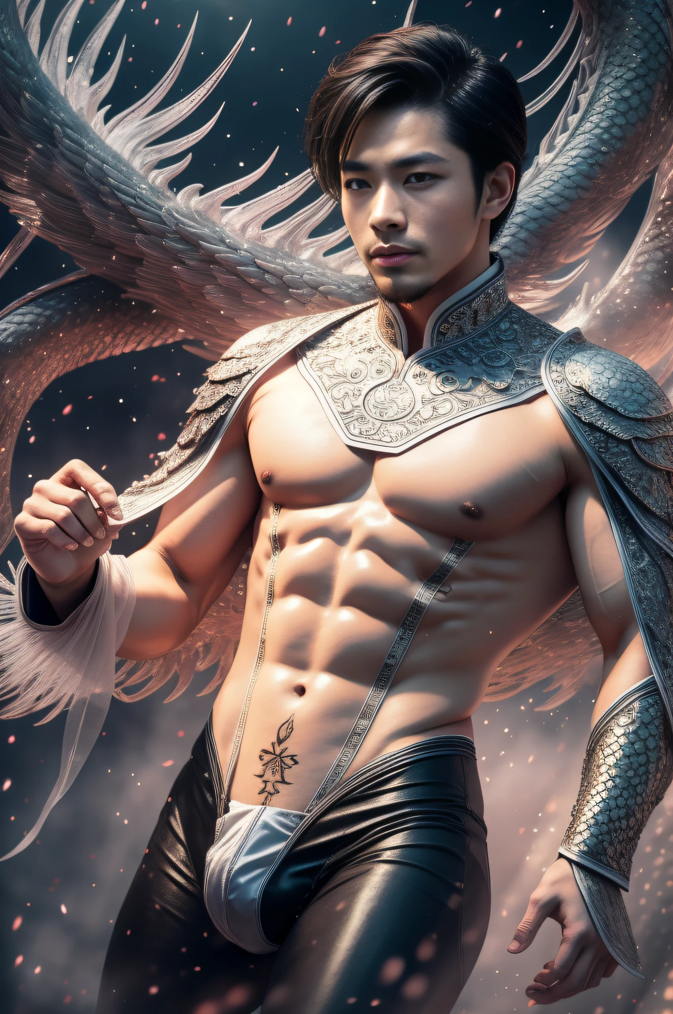 Handsome guy, 25 years old, Asian, master work, best picture quality, higher quality, high detail, super high resolution, 8k resolution, delicate facial features, boy, big muscles, tattoos, glowing eyes, short hair, hair details, [[Look away, look to the side, emphasize homosexuality and pay attention to every detail , open Hanfu transparent tulle jacket, white rubber pants, night, starry sky, flying flowers. Waterfalls, mountains, circling dragons, Chinese courtyard background (((((crotch bulge)))))