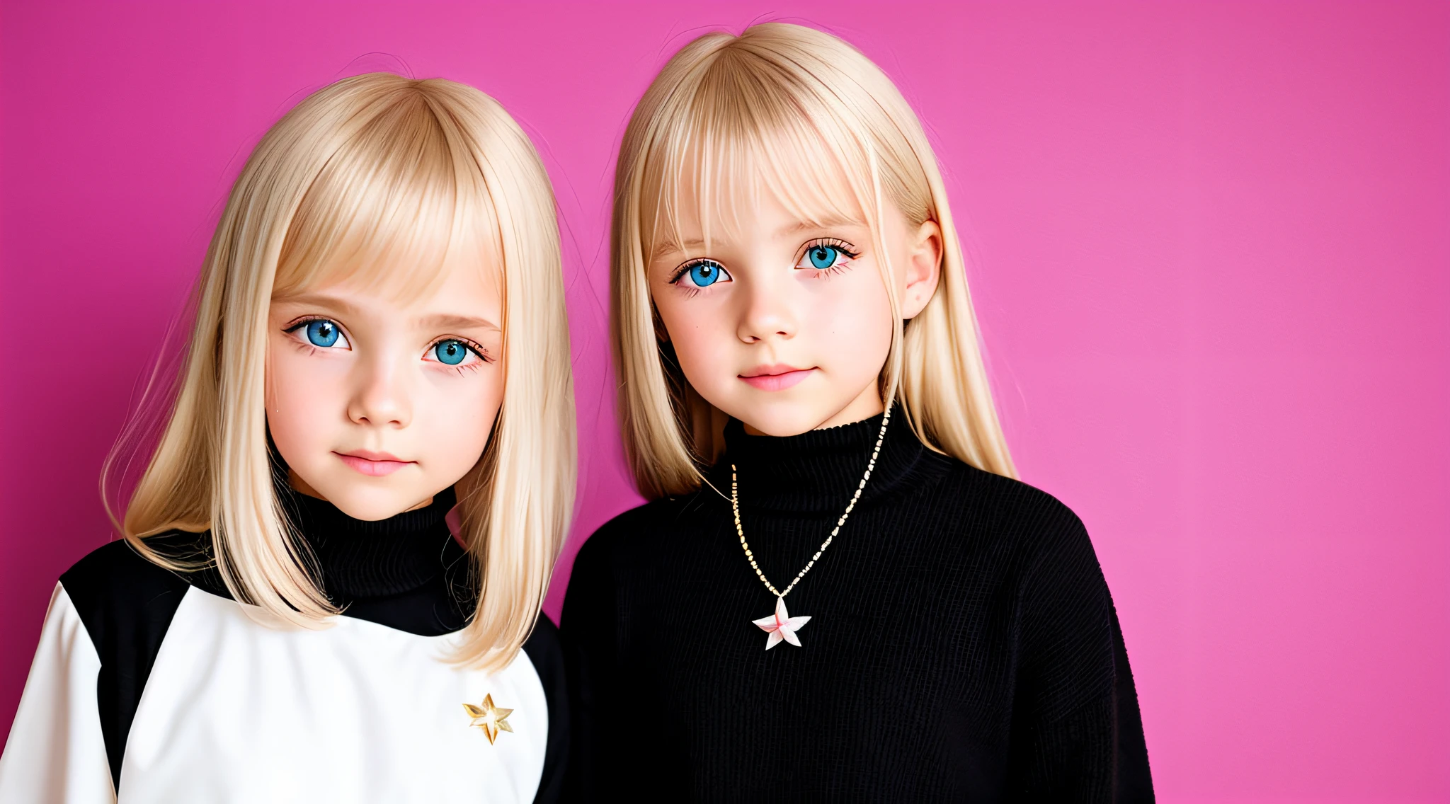 BLONDE girl, golden eyes, platinum hair girl, pearl brooch in hair, PINK BACKGROUND.