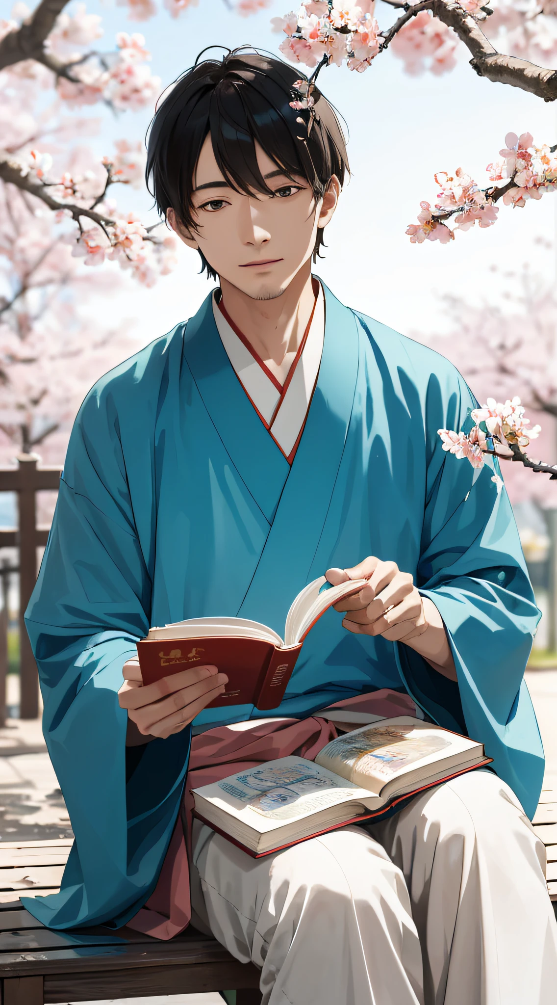 absurdres, highres, ultra detailed, (1man:1.3), hand drawn, simple line, a 30yo man  in colorful Hanfu, sitting under the peach blossom tree, masterpiece, sunny day, reading book, look at the book