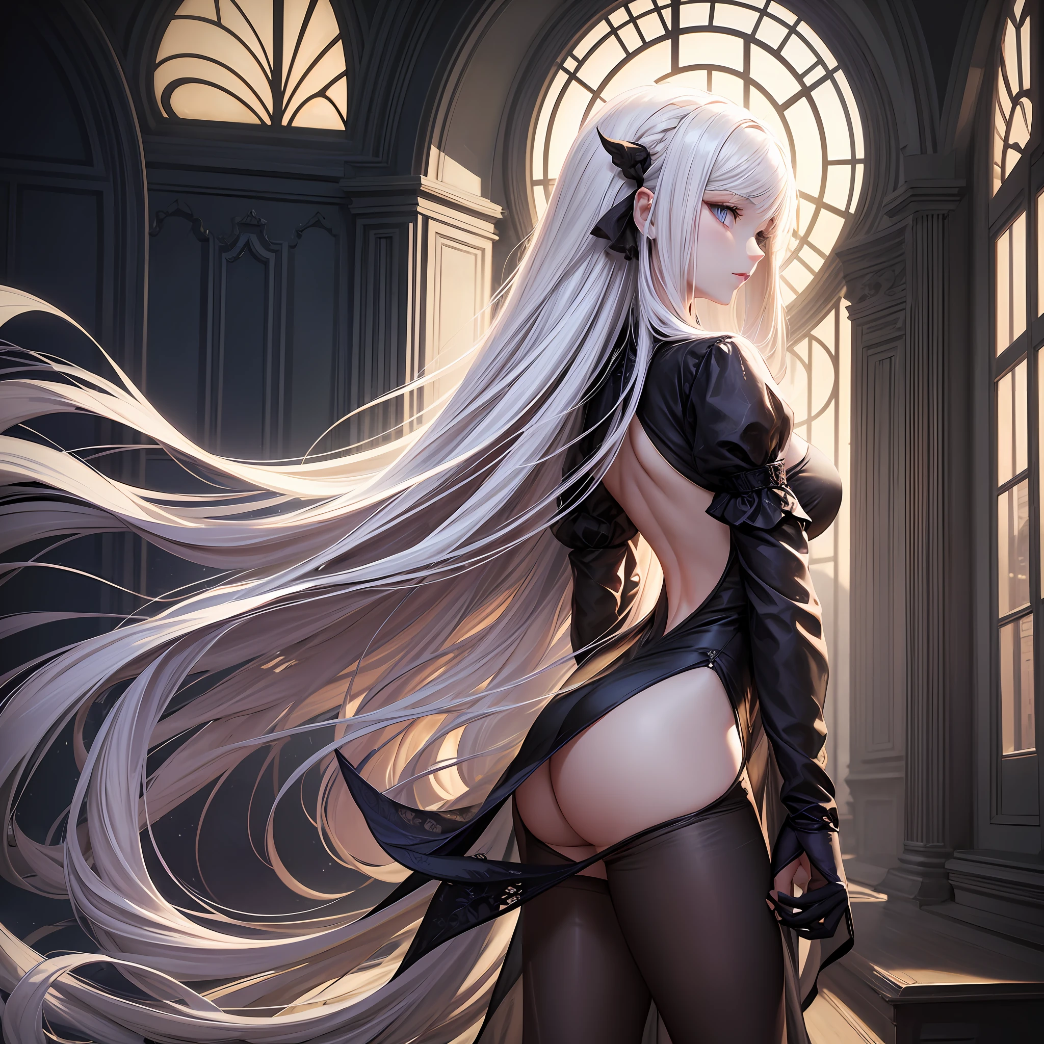 FS, an albino girl with perfect 10 features and long black Rapunzel-like hair, stands in a picturesque Avatar-like scene. Her body is graceful with a petite bust and slender legs. The girl looks stunning in a sheer organza dress with intricate designs. Her high-heeled shoes are elegant with golden patterns. The sunlight creates a subtle silhouette around her contours from the back, while soft and filling light illuminates her from the front. This scene has photorealistic qualities and is a concept art that creates a wow effect of:2. It can be found on the website 500px with hyper-superior details of:2. --auto --s2