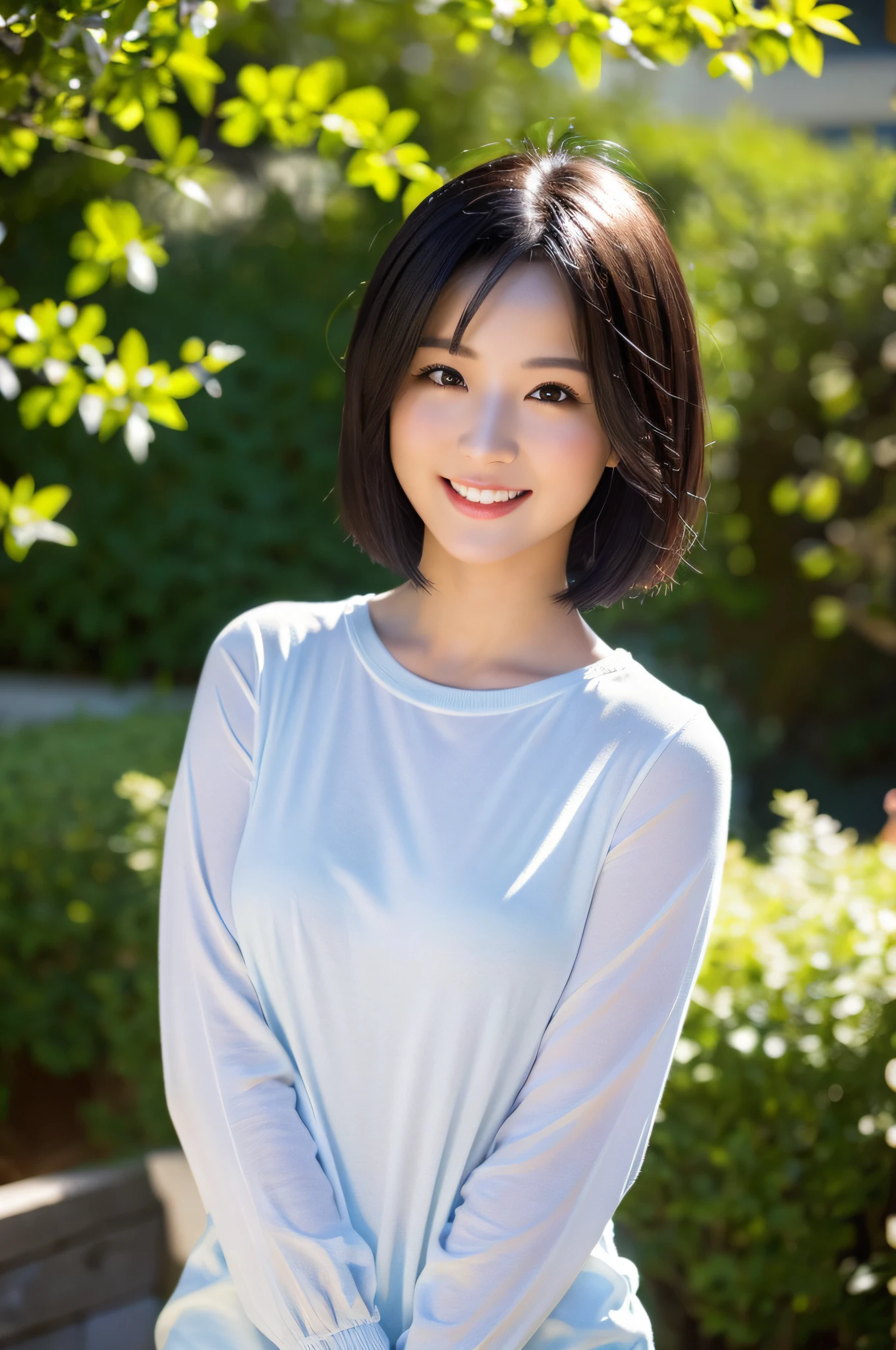(8k, highest quality, masterpiece: 1.2), ultra detail, highest quality, ultra high resolution, professional lighting, photon mapping, radiosity, physically based rendering, cinematic lighting, depth of field, focusing, sun rays, good composition, (bokeh: 1.2), 1 girl, (full body), smile, beautiful eyes, pose, constriction, black hair, short hair,