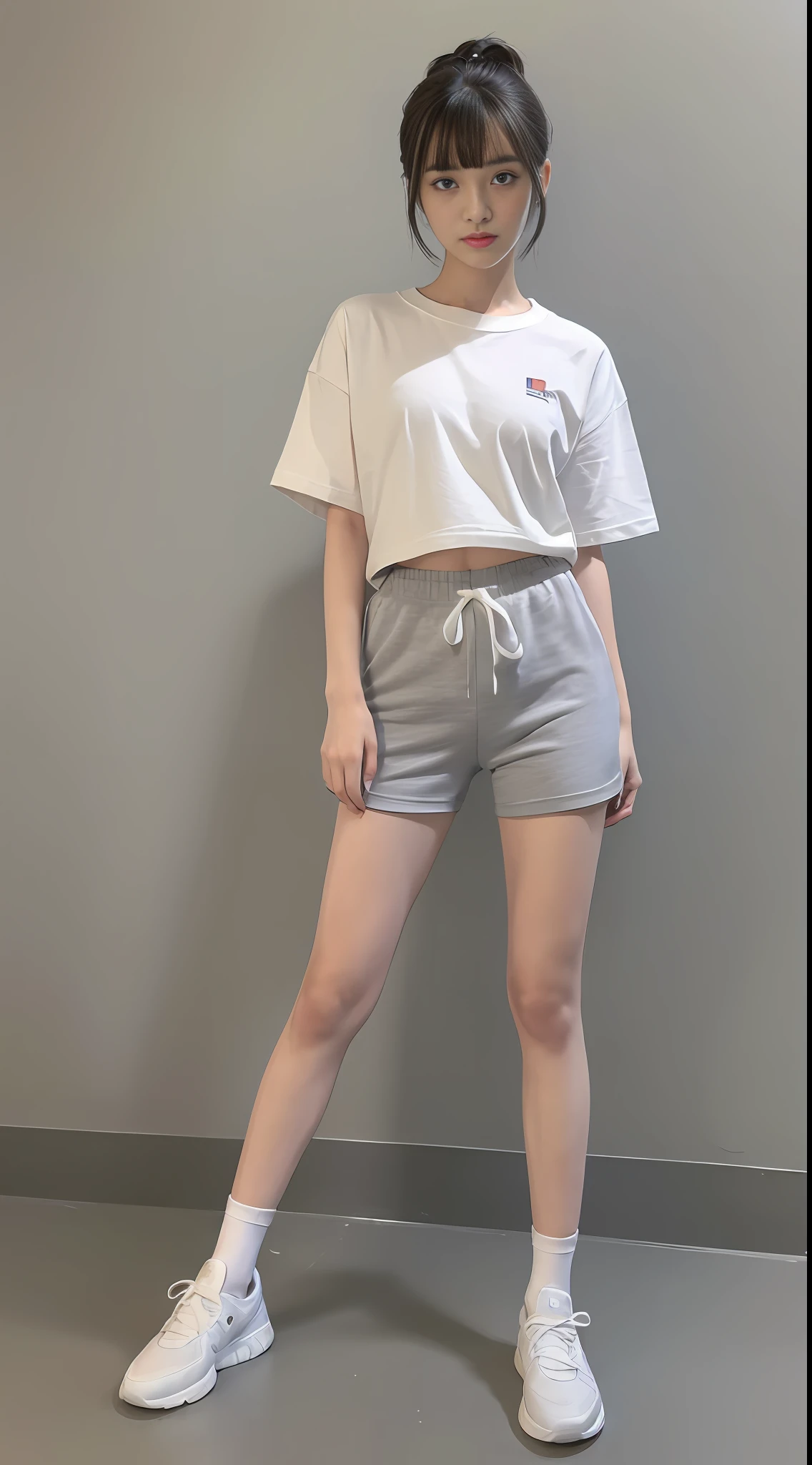 ((Best Quality, 8K, Masterpiece:1.3)), Focus: 1.2, Perfect Body Beauty: 1.4, ((Maruko Hairstyle)), Light Gray Skinny T-shirt, Medium Chest, Chinese School Uniform Sweatpants, ((Full Body)), White Socks, Sneakers, Highly Detailed Face and Skin Texture, Fine Eyes, Double Eyelids, Whitened Skin, High Quality Details