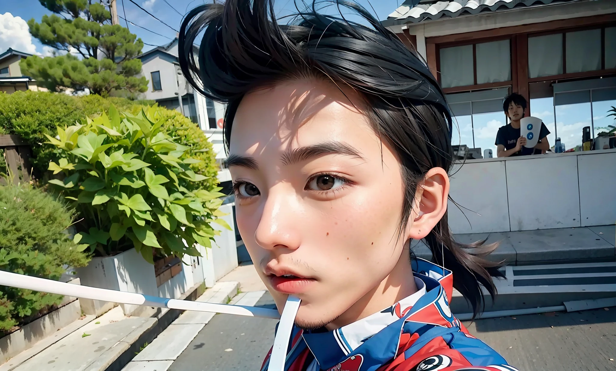 Ultra High Resolution, 8k, Real, Real Man, Japanese Boy, Broom Shaped Hair, Close-up of Cartoon Character Holding a Megaphone, Safebooru Anime Image, Gelbooru Anime Character, Ash Ketchum, as an anime character, inspired by Tsuchiya Koi, in anime, Akira Toriyama 📹, Shinichi Sakamoto, Kentaro, Doraemon, Osamu Tezuka