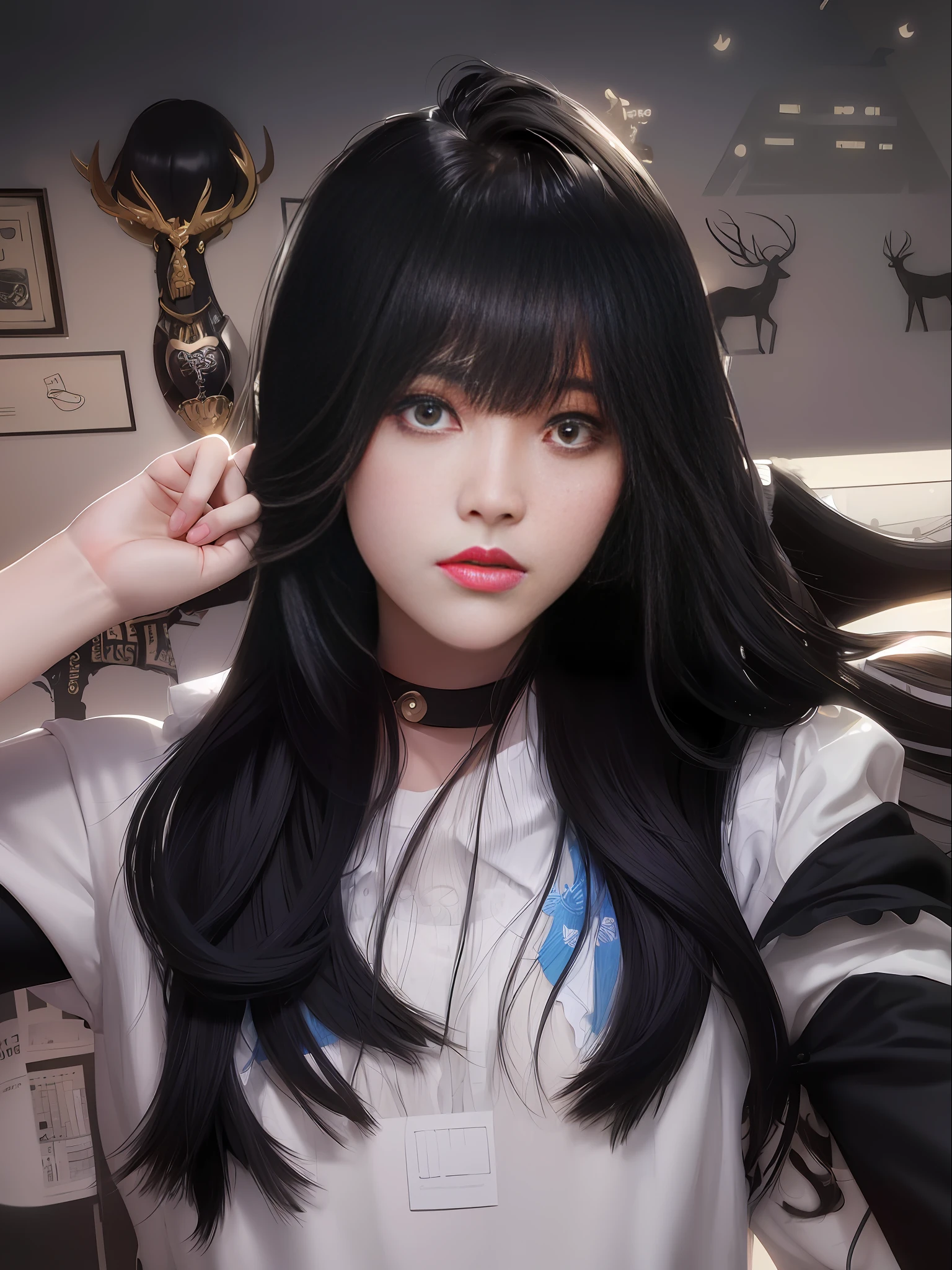 araffe girl with long black hair and a white shirt, ulzzang, she has black hair with bangs, long black hair with bangs, long dark hair with bangs, hair blackbangs hair, korean girl, long hair with bangs, long white hair and bangs, long hair with full bangs, whitebangsblackhair, jisoo from blackpink