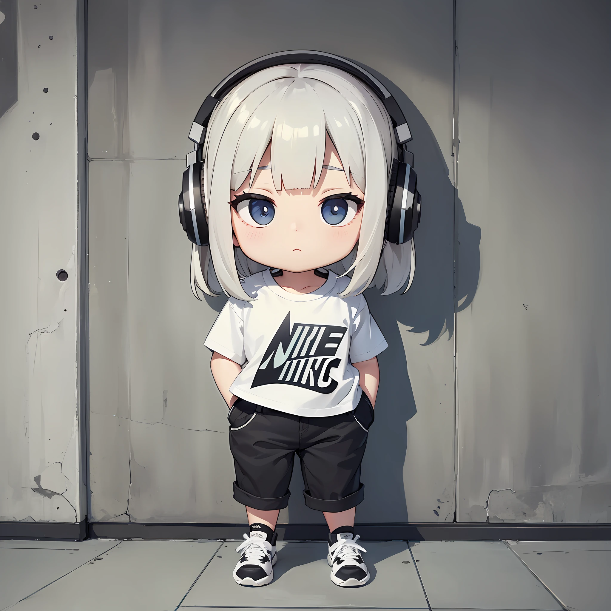 White woman, Chubby, blonde, gray eyes, short Longbob style hair, black T-shirt, dark gray jeans, black nike sneakers, listening to music with headphone, standing, leaning against the wall, perspective view, cartoon, chibi style, concept art --auto --s2