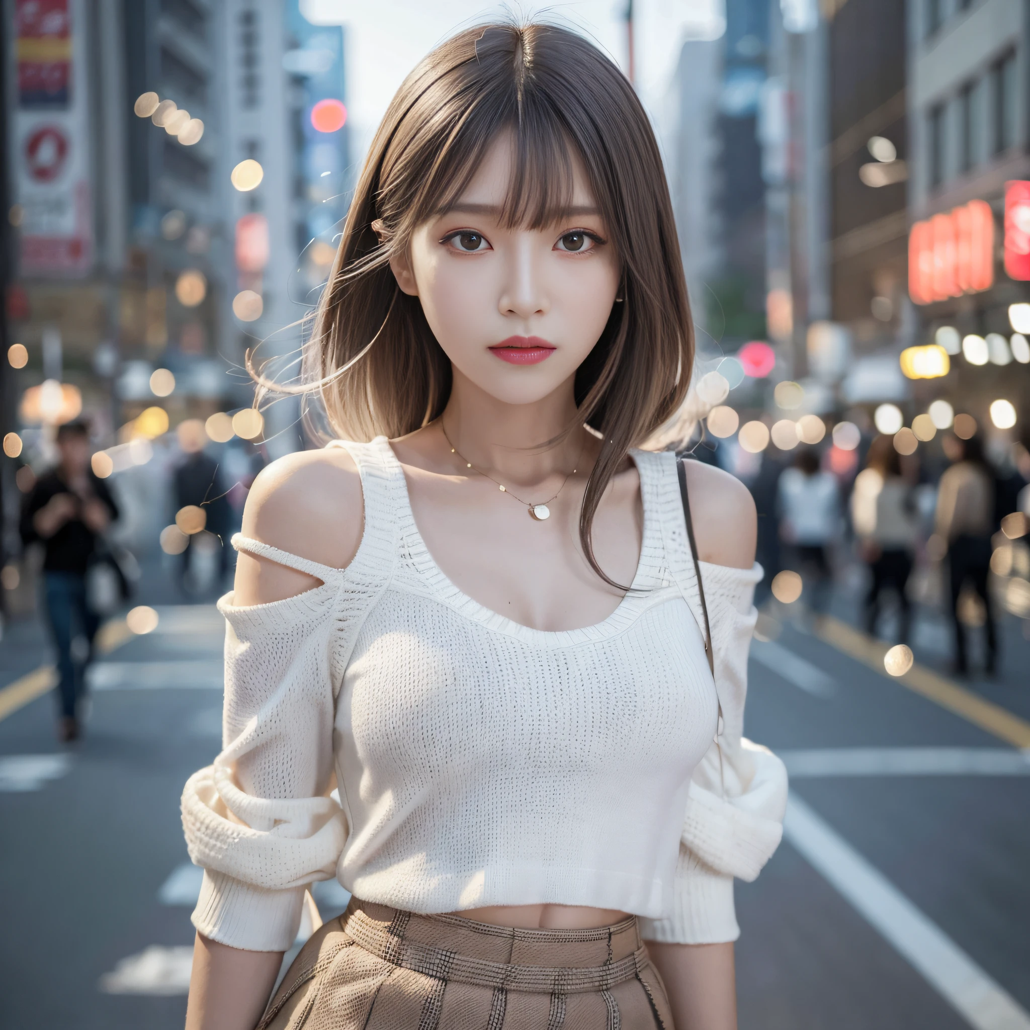(skin blemish:1.2), (skindentation), black eye, 1woman, 25yo, (((woman))), solo, realistic, best quality, photorealistic, masterpiece, 8k, high res, solo, extremely detailed face, (professional lighting, bokeh), (light particles, lens flare, glowing particles:0.6), (dynamic pose:1.2), soft lighting, top angle view, fashionable and trendy atmosphere, japan, street, tokyo, city, ((daytime)), sky, wire cable, ((looking at the viewer:1)), (looking at the camera),(portrait:0.6), cowboy shot, gorgeous, standing, keep original facial proportion, wide shoulder, full body, (small breast), (medium hair), brown hair, floating hair, lips, lipstick, seductive smile, floating hair, smile, open_mouth, teeth, (white blouse), (jumper skirt), eyelashes, mole, (mole under eye:1),