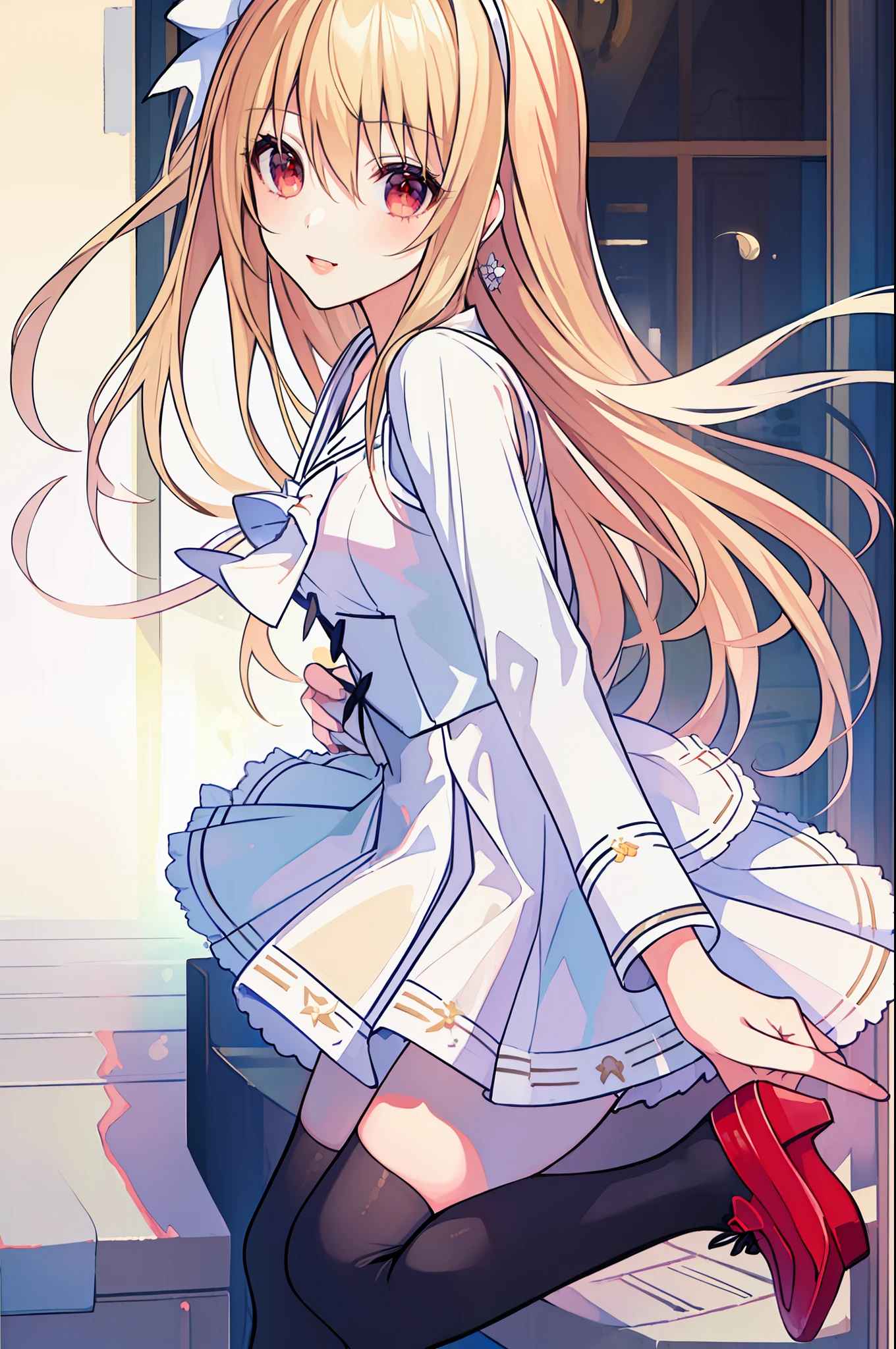 18 year old beautiful girl, ((((Masterpiece)))), ((highest quality)))), ((very detailed))), detailed fingers, precise fingers, not unnatural hands, illustration, 1 girl, solo, blonde right side pony, blonde long hair, white ribbon on right hair, white school uniform, red eyes, white mini skirt, white knee socks, black shoes, dynamic pose, MAYURI
