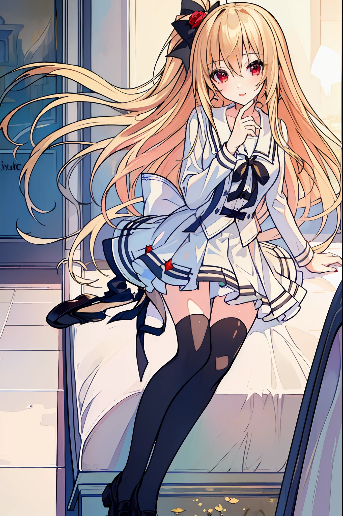 18 year old beautiful girl, ((((Masterpiece)))), ((highest quality)))), ((very detailed))), detailed fingers, precise fingers, not unnatural hands, illustration, 1 girl, solo, blonde right side pony, blonde long hair, white ribbon on right hair, white school uniform, red eyes, white mini skirt, white knee socks, black shoes, dynamic pose, MAYURI