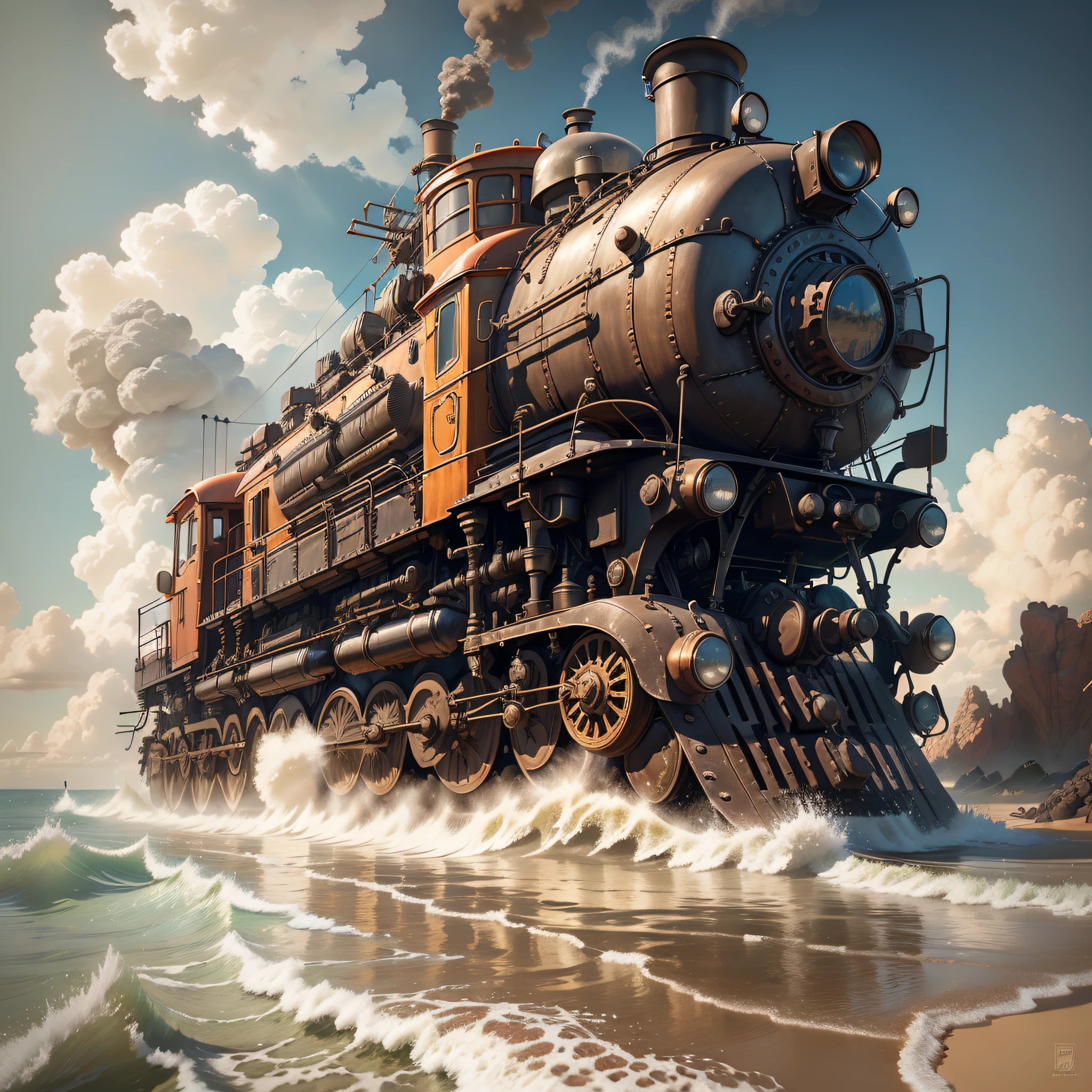 the locomotive comes out of the sea to the shore, photorealistic, highly detailed, octane render, sunny atmosfhere, stempunk, dieselpunk, photorealistic, highly detailed, octane render, sunny atmosfhere