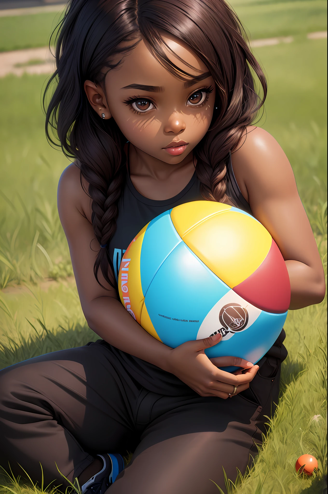 realistic portrait of cute African American baby ((dark brown skin color)), big eyes, sitting playing with a ball, ((chibi)), ((ball)), ((grass)), wearing tank top, black pants and black shoes, current fashion, kanekalon style hair, dark lighting background, close-up, product view, detailed facial details, perfect face, sharpness, trend art, sharp facial details, cgsociety, ultra high quality digital art, hyper details exquisite, 4k, 8k neon lighting, --iso 100 dreamy, fashion -