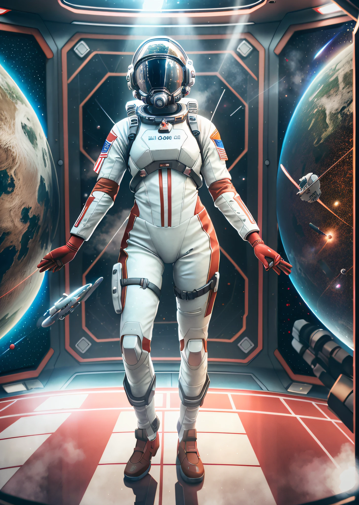 Very detailed RAW color photographs, (female astronaut in a red and white spacesuit, floating pose, arms and legs slack, futuristic helmet, mask, respirator), suspended in space, space, (science fiction), (two satellites), (very detailed, complex), (halo: 0.7), particle effects, ray tracing, cinematic lighting, depth perspective, Sony lens, A9 II, 24 mm wide-angle lens, sharp lens focus, sharp focus, movie stills --auto --s2