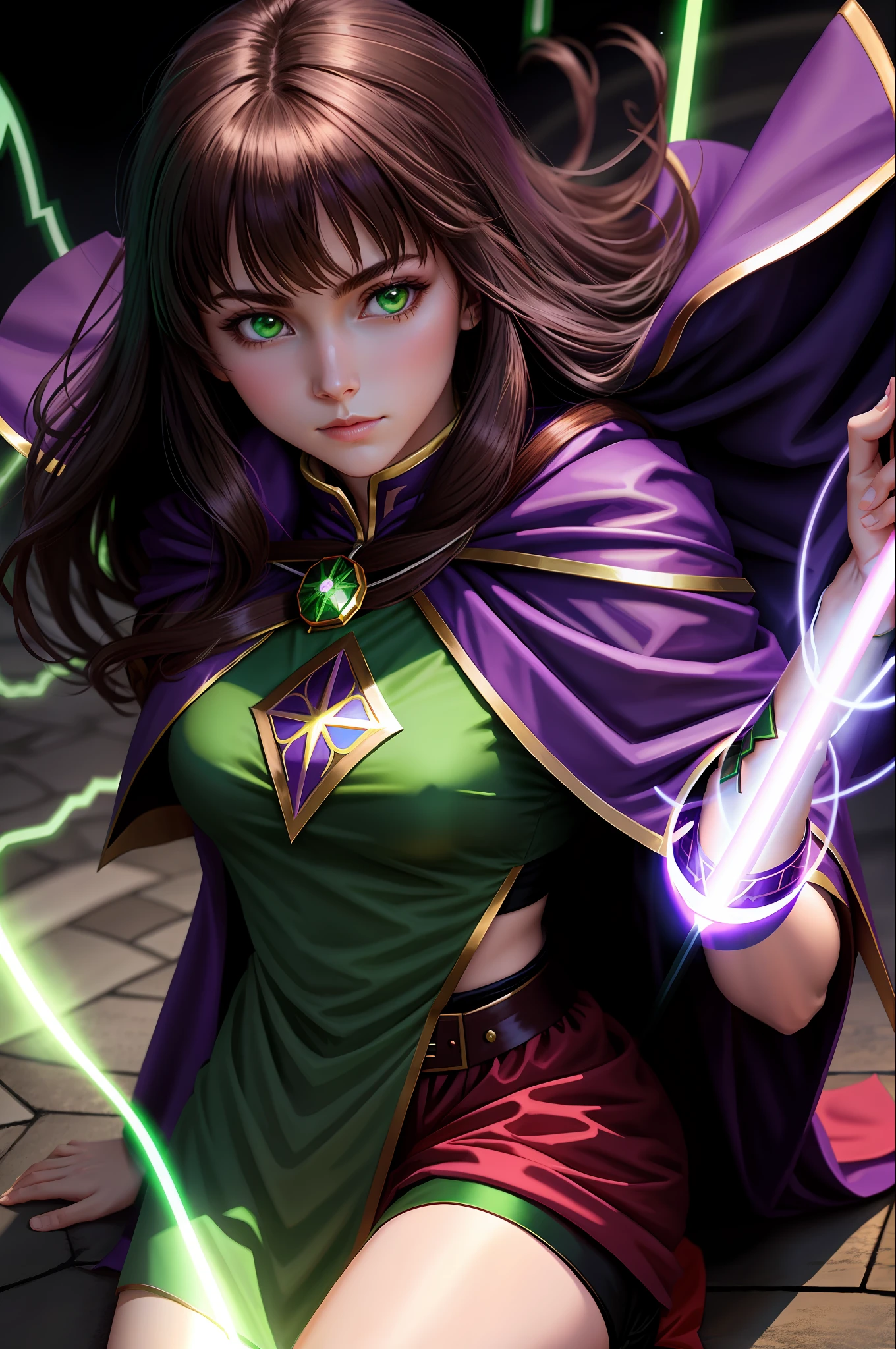 Huntress magician anime kneeling dark brown hair green tunic, purple cape, green eyes, floor with bright magic symbol, balls of light.