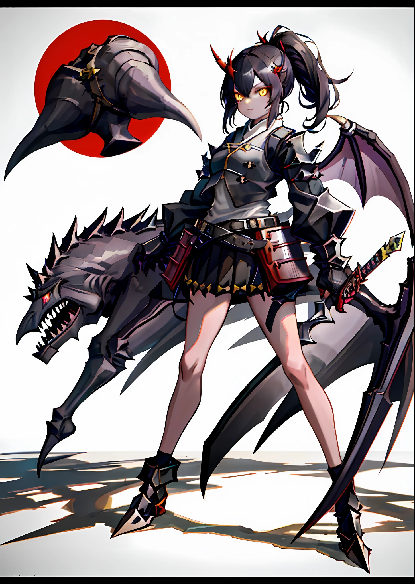 1girl,monster girl,absurdres,(solo:1.8),(dragon+(demon:0.8)),
gradient background,
spikes,holding weapon,sword,
claws,wings,sharp teeth,horns, detailed eyes, black hair, yellow eyes, ponytail, black and red samurai armor