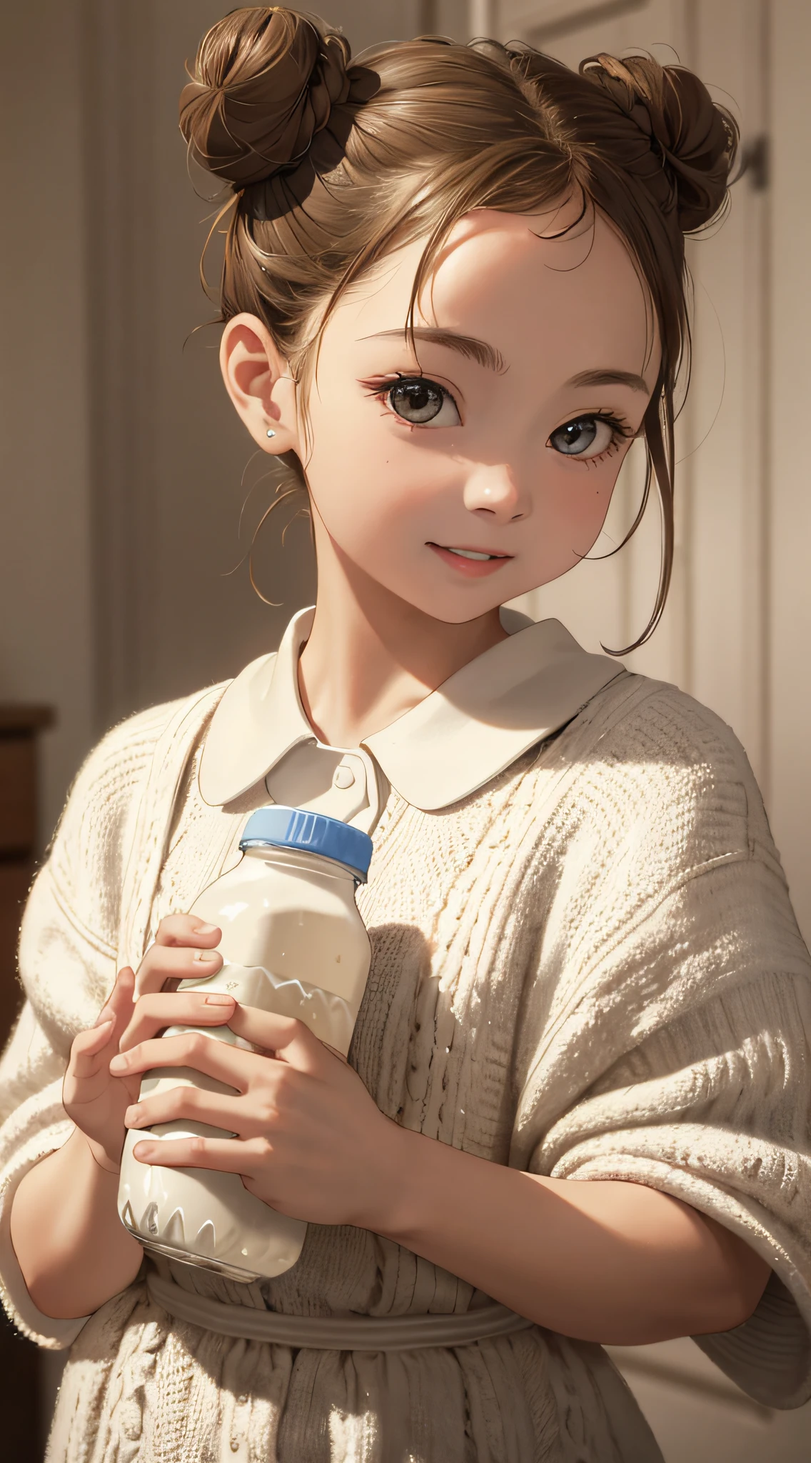 Girl, baby, Holding a bottle of milk, adorable, clever, happy, light brown hair, double bun, high detail, chiaroscuro, UHD, retina, masterpiece, ccurate, anatomically correct, textured skin, super detail, high details, high quality, highres, best quality