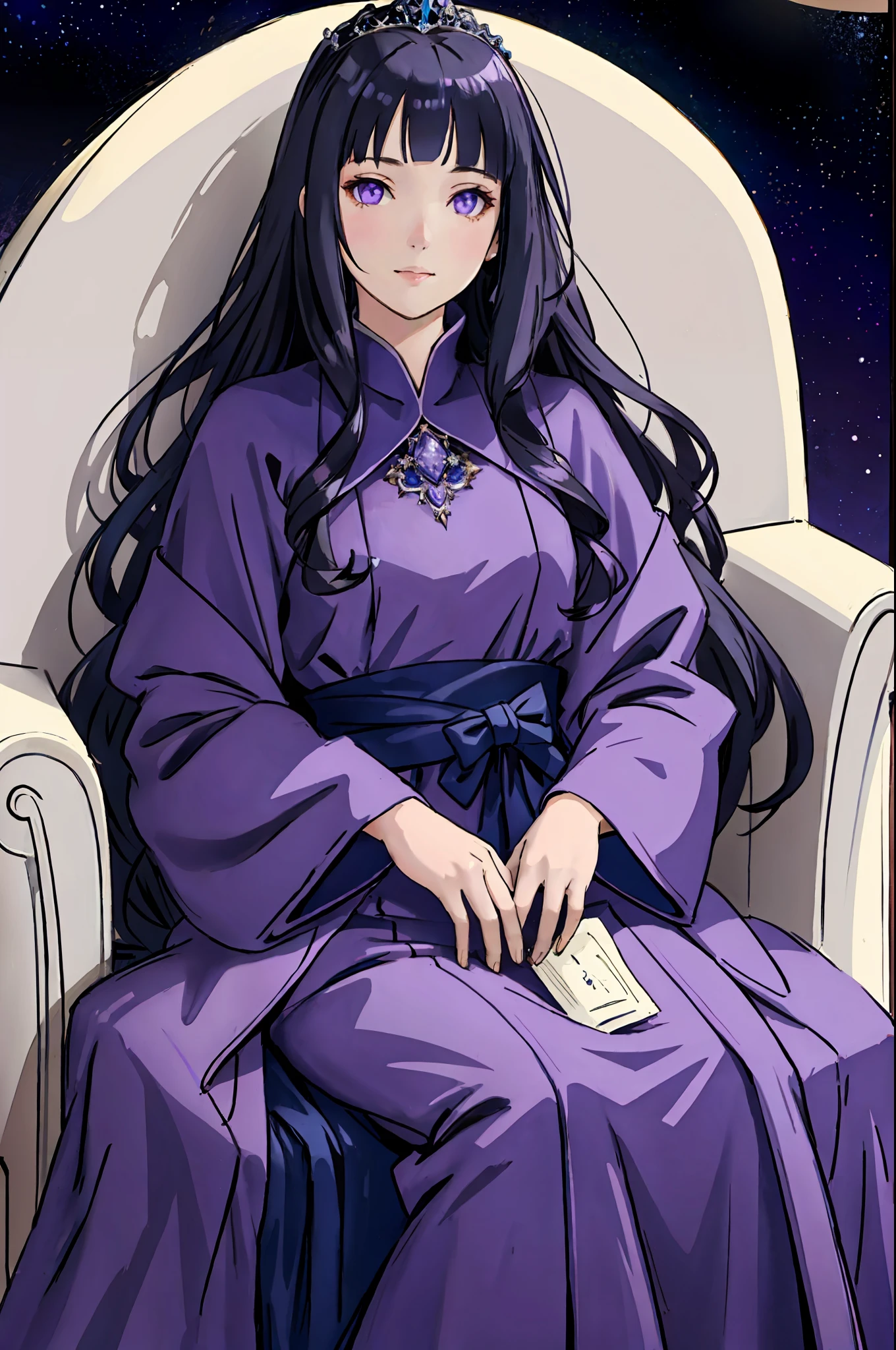 (best quality), starry background, 1 girl sitting on a throne, violet eyes, soft gaze, shining eyes, soft smile, dark blue hair, long wavy hair, princess, long dress,
