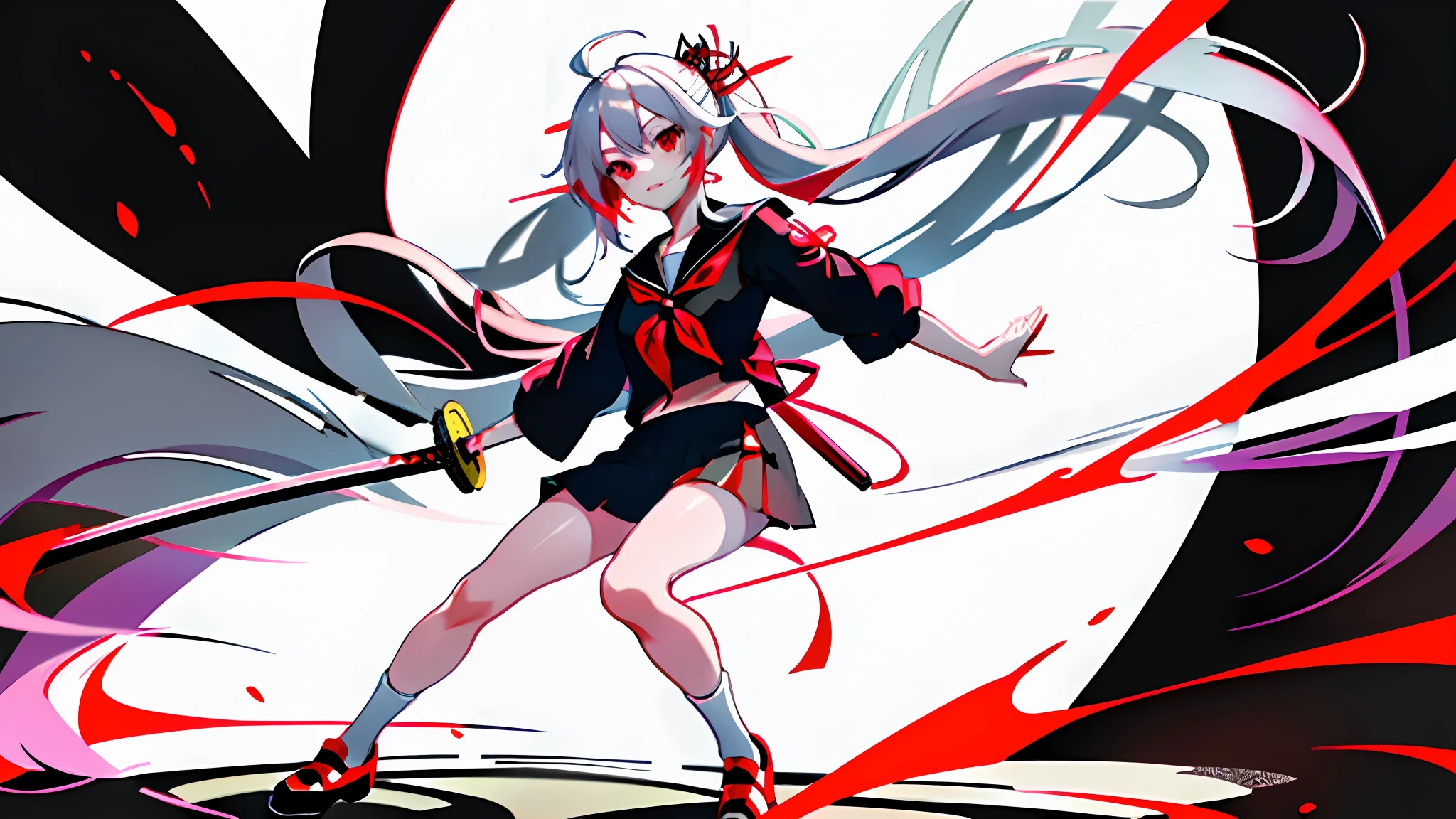 (((masterpiece))), best quality, illustration, (( girl)),full light white long hair, beautiful detailed red eyes, ((red and black serafuku)), short-sleeved, (((cute))), ((cute face)), full body, solo focus, standing, happy, long ponytail tied with red ribbon, ahoge, medium sized breasts,black shoes with red lining, wearning white thights, face viewer, fantasy background, demon slayer theme katana, holding katana, fighting stance