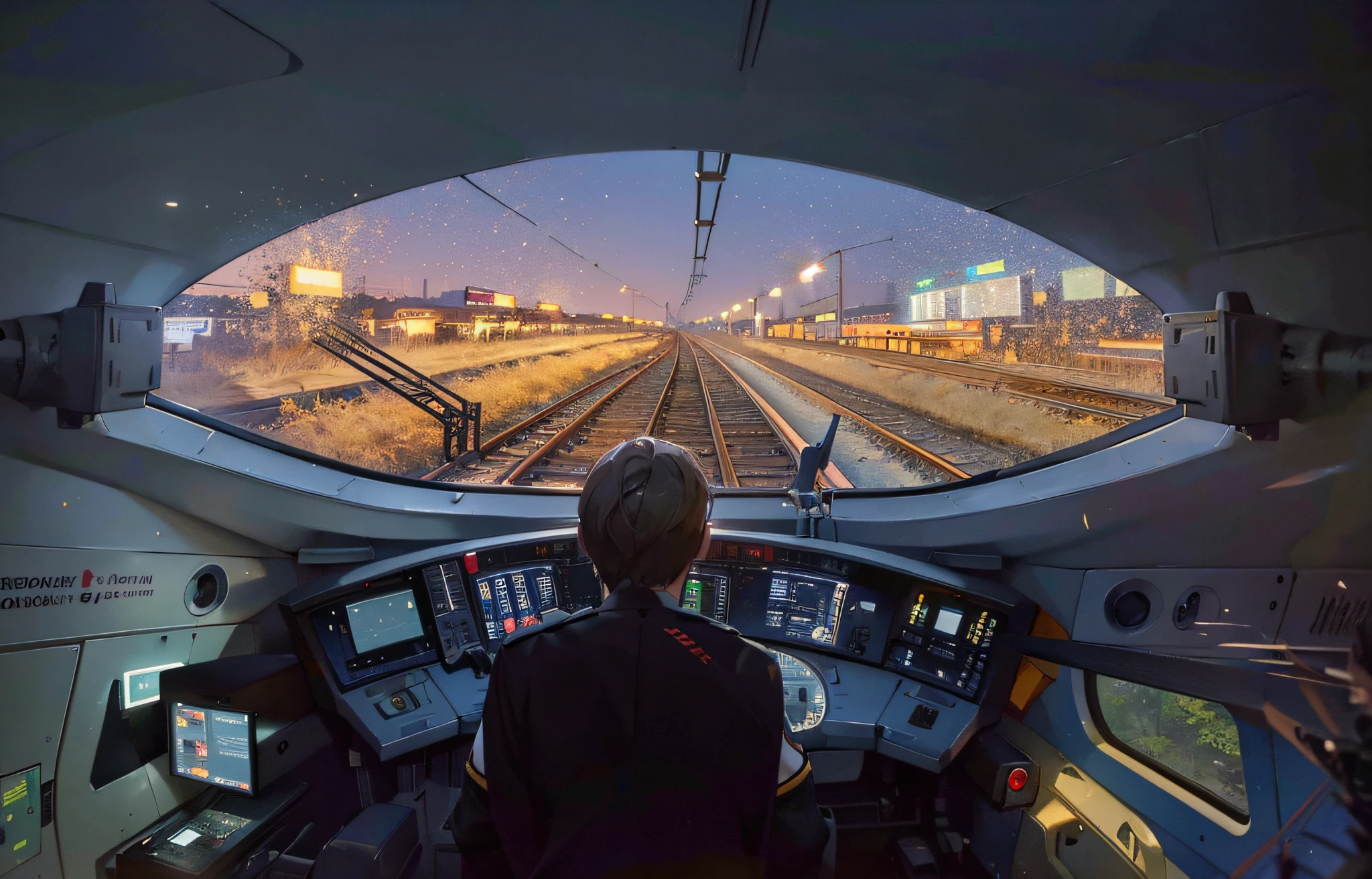 view of a man leading a train on railway tracks, high-speed trains, light, interesting background, advanced technology, inside the train, ergonomics, supersonic trains, locomotive style, Alexander Rostov, miniature, inspiring, technologies of the future, innovative, ultrawide, Reddit post