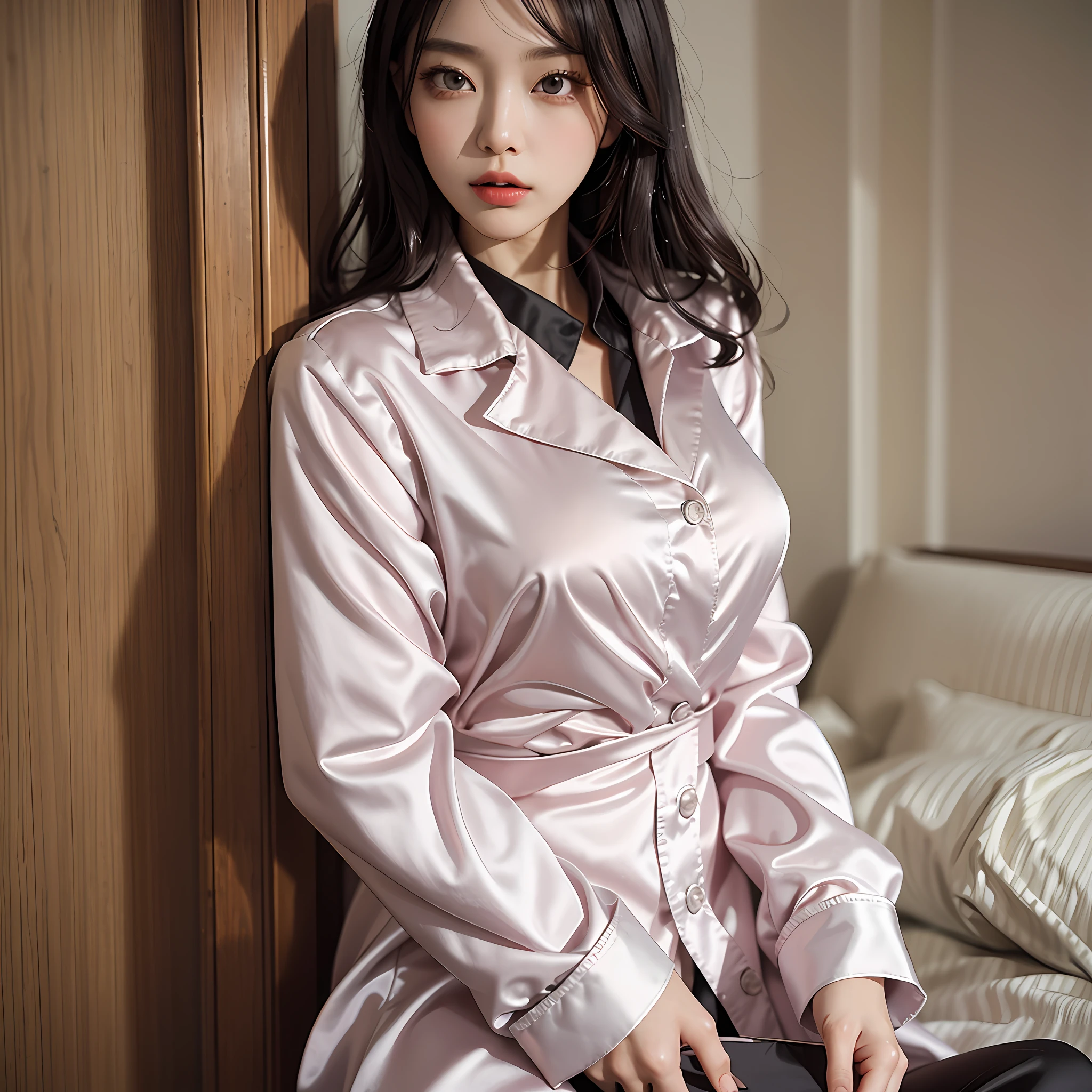 wear a satin wrench coat, the material of the satin wrench coat and satin blouse is shiny, soft and smooth to the touch, the buttons on the satin wrench coat are large, the buttons in front of the satin wrench coat are fastened, and the underwear is not worn, the collar of the satin blouse must be taken out of the satin wrench coat, satin blouse that fits the body, chest is C cup, Japan fashion model, wearing a shirt, in a coat, one beauty, the place is a hotel bedroom, the eyes are clear double, wet lips and appeal,