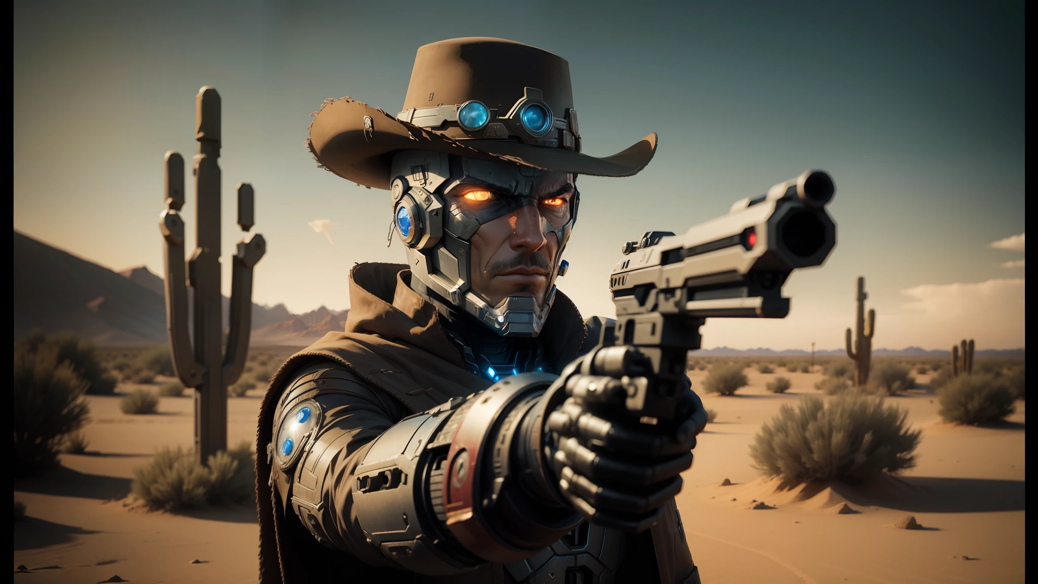 arafed man in a cowboy outfit holding a gun in the desert, humanoid robot close up, electronic hardcore music, film still from avengers endgame, animation character, benevolent android necromancer, ultra - realistic faces, 500px photos, outlaw, the price of ncr --auto --s2