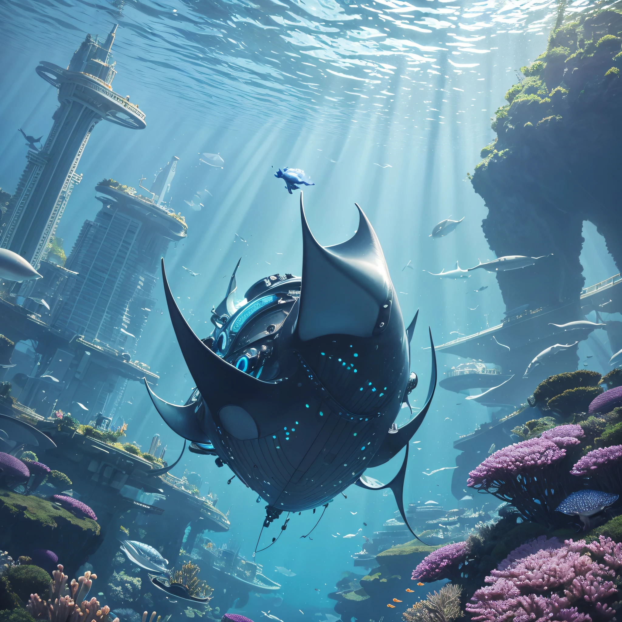(so many small jellyfishes:1.1), highres, shadows, absurdres, best_quality, ultra_detailed, 8k, extremely_clear, photograph, beautiful, sharp focus, hdr, underwater, giant whale, fantastic location, dream, flying, underwater cyberpunk city,   manta ray, --auto --s2