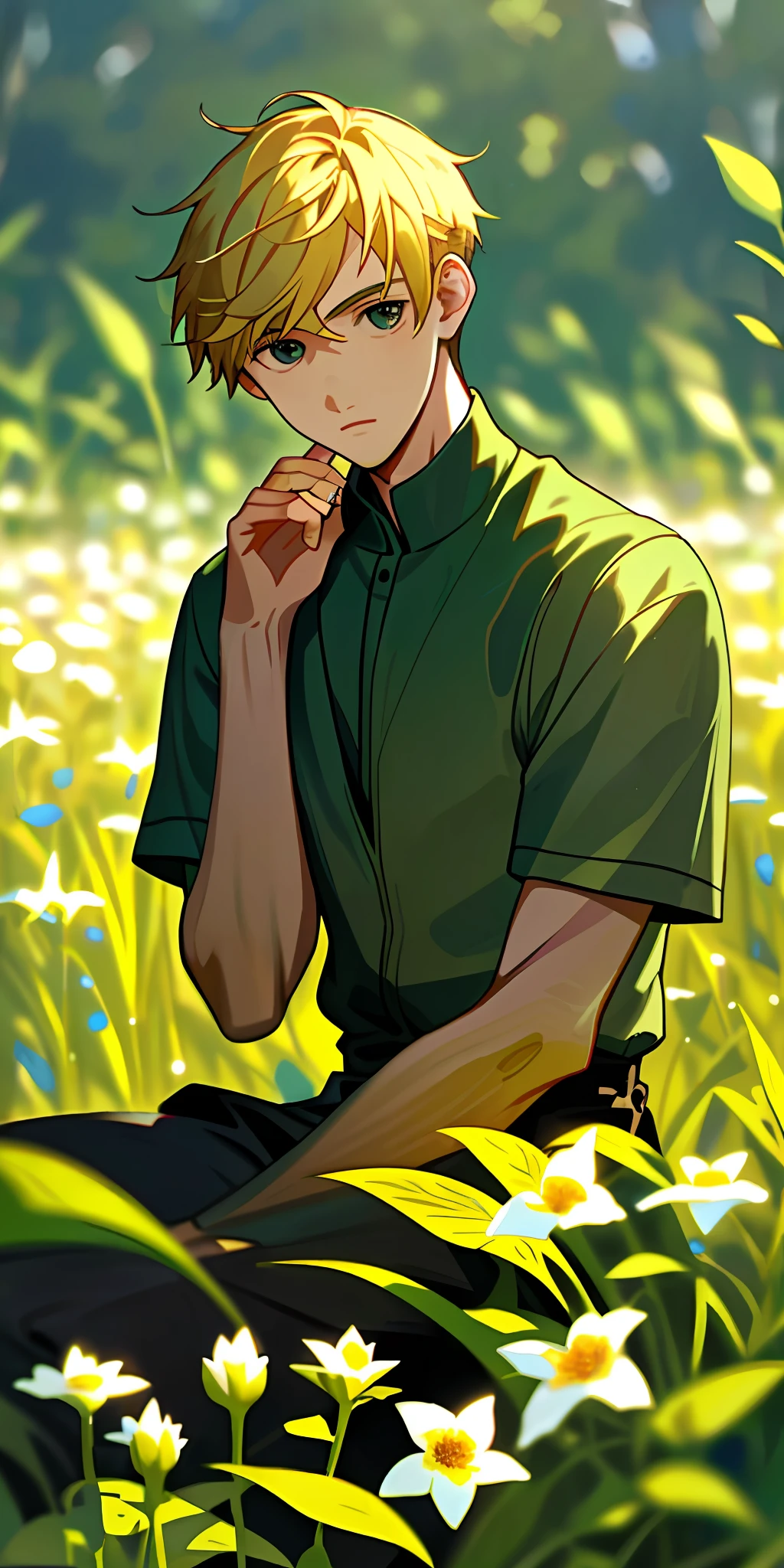 (masterpiece, best quality),1boy with short blonde hair sitting in a field of green plants and flowers, warm lighting, blurred foreground