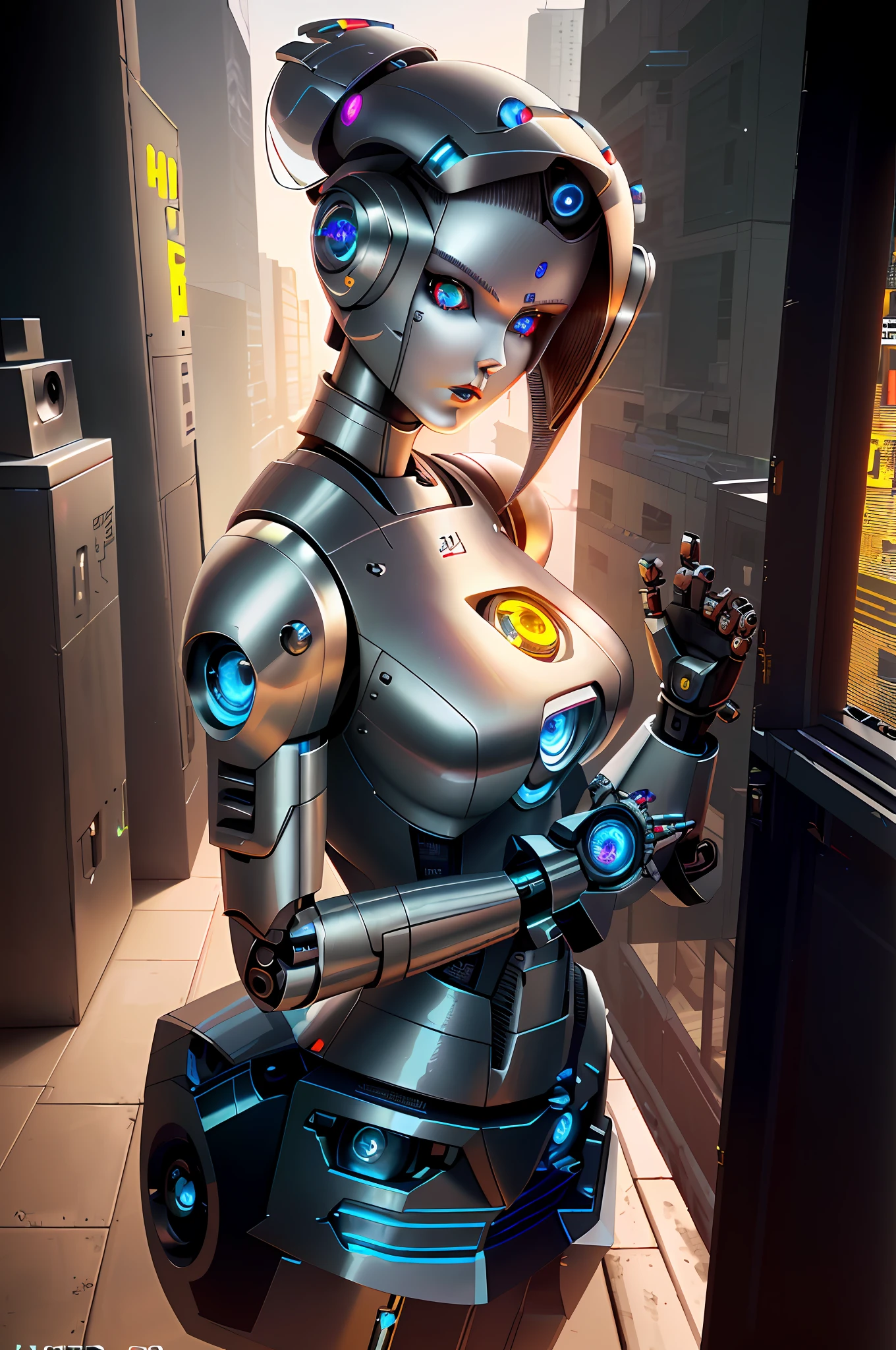 Best Quality, High Detail, 4K, Human, Robot Girl, Android Face(Metal), Steel & Titanium Leather, Robotic Face(With Human Features), Cybernetic Eyes(Hard Eye Circle, Clear Eye Pupil), 1girl, Formal, Perfect Hands(5 Fingers), Wig(False Hair, Bob Haircut), Big Breasts, Bionic Armor, Full-Length, Full Body, Masterpiece Body, Lipstick