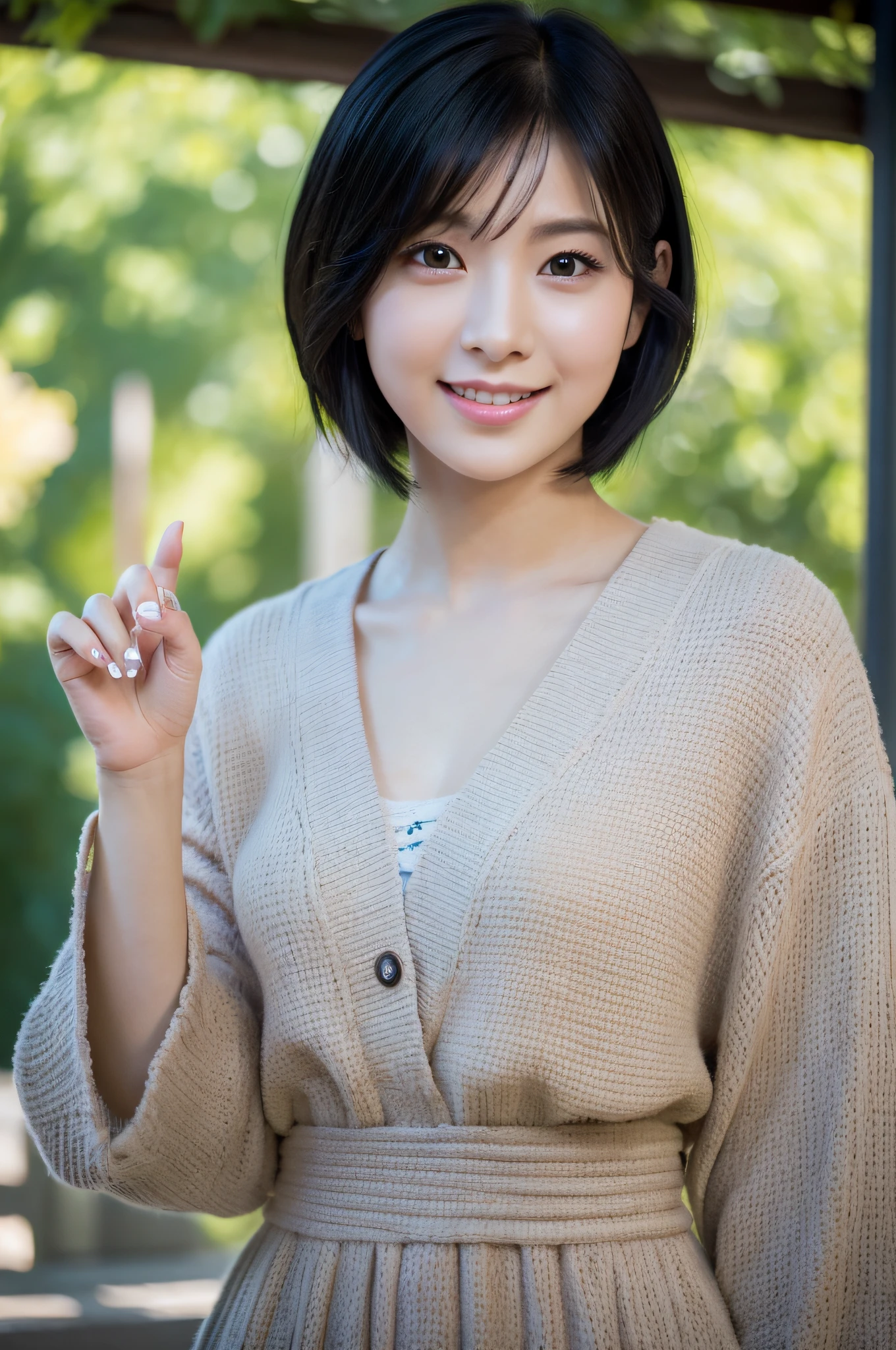 (8k, highest quality, masterpiece: 1.2), ultra detail, highest quality, ultra high resolution, professional lighting, photon mapping, radiosity, physically based rendering, cinematic lighting, depth of field, focusing, sun rays, good composition, (bokeh: 1.2), 1 girl, (full body), smile, beautiful eyes, pose, constriction, black hair, short hair, hands {fingers} Kawaii {finger} hands,