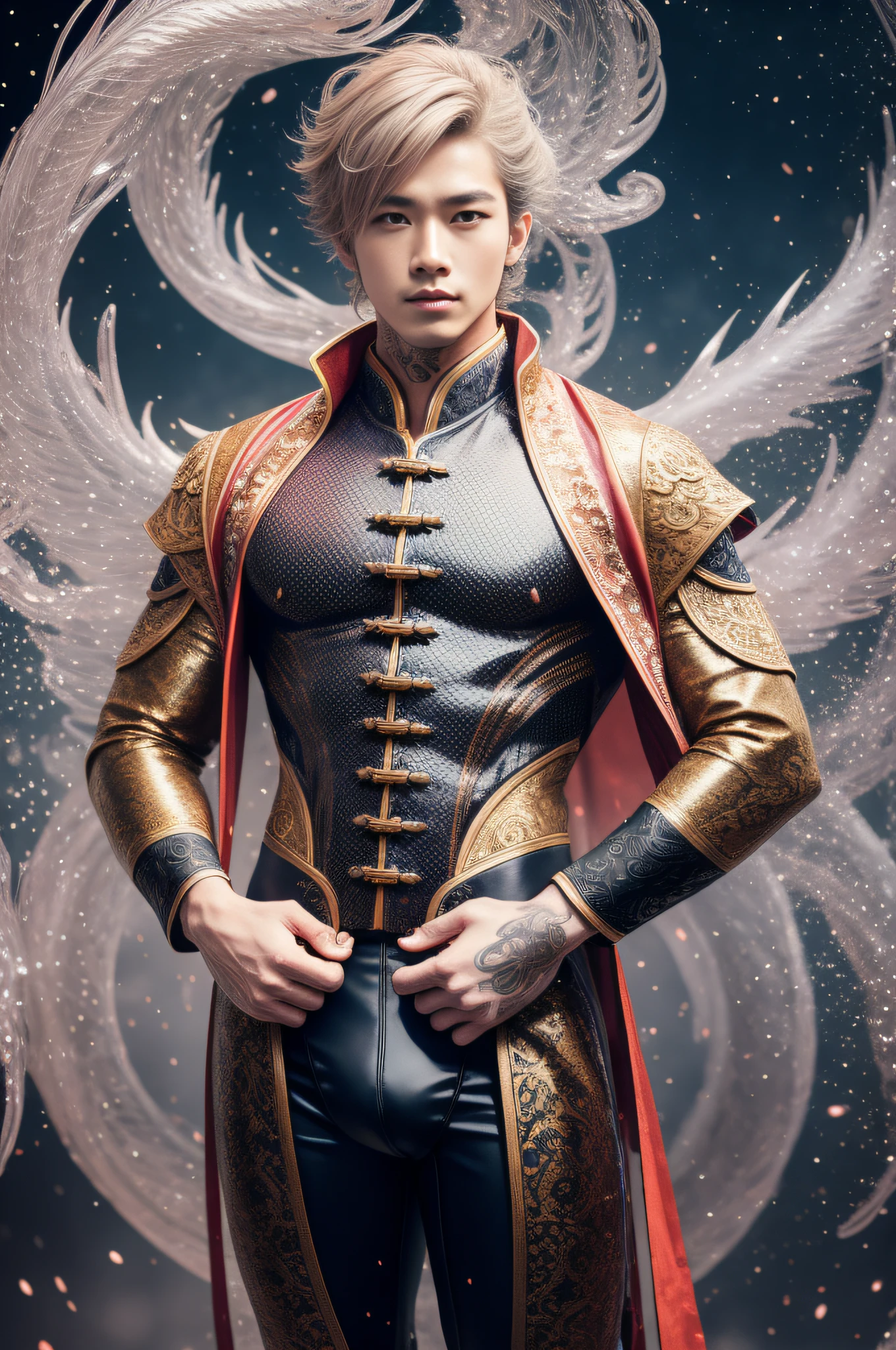 Handsome guy, 25 years old, Asian, master work, best picture quality, higher quality, high detail, super high resolution, 8k resolution, delicate facial features, boy, big muscles, tattoos, glowing eyes, short hair, hair details, [[Look away, look to the side, emphasize homosexuality and pay attention to every detail , open Hanfu transparent tulle jacket, white rubber pants, night, starry sky, flying flowers. Waterfalls, mountains, circling dragons, Chinese courtyard background (((((crotch bulge)))))