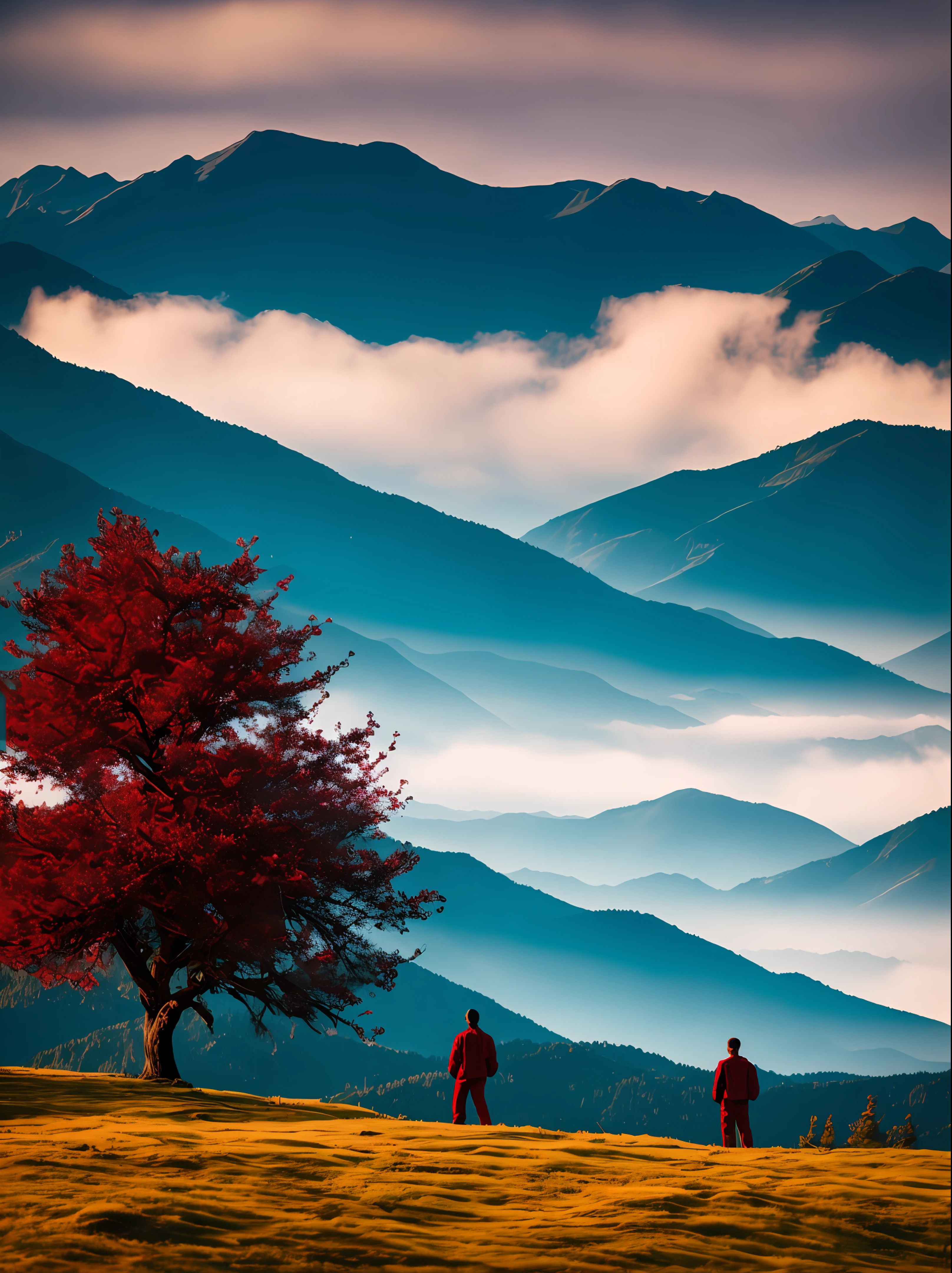 Zen landscape, clouds, mountains, man in red, a tree, light and shadow, 8K,