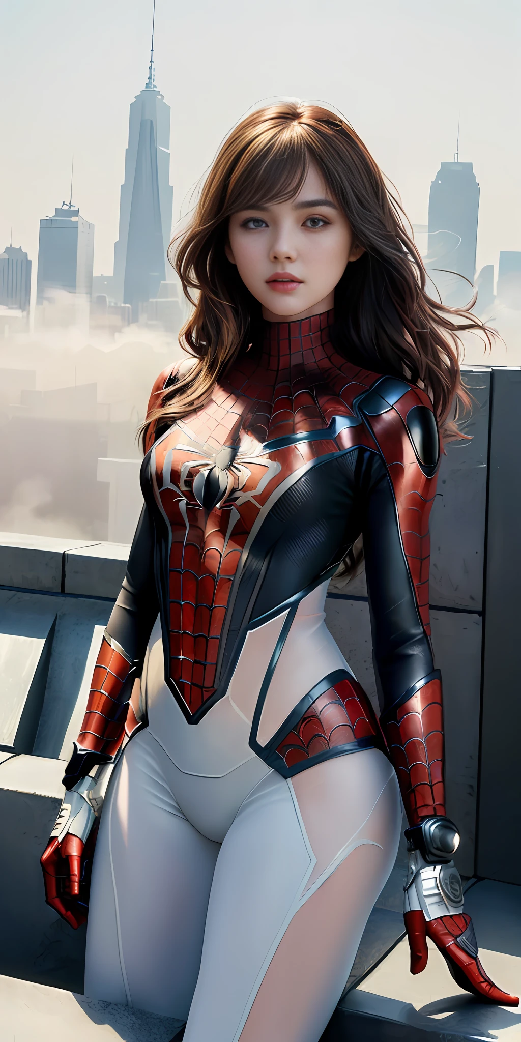 (1girl:1.3), Solo, (((Very detailed face)))), ((Very detailed eyes and face)))), Beautiful detail eyes, Body parts__, Official art, Unified 8k wallpaper, Super detailed, beautiful and beautiful, beautiful, masterpiece, best quality, original, masterpiece, super fine photo, best quality, super high resolution, realistic realism, sunlight, full body portrait, amazing beauty, dynamic pose, delicate face, vibrant eyes, (from the front), She wears Spider-Man suit, red and black color scheme, spider, very detailed city roof background, rooftop, overlooking the city, detailed face, detailed complex busy background, messy, gorgeous, milky white, highly detailed skin, realistic skin details, visible pores, clear focus, volumetric fog, 8k uhd, DSLR, high quality, film grain, fair skin, photo realism, lomography, futuristic dystopian megalopolis, translucent,extremely detailed crotch, camel toe