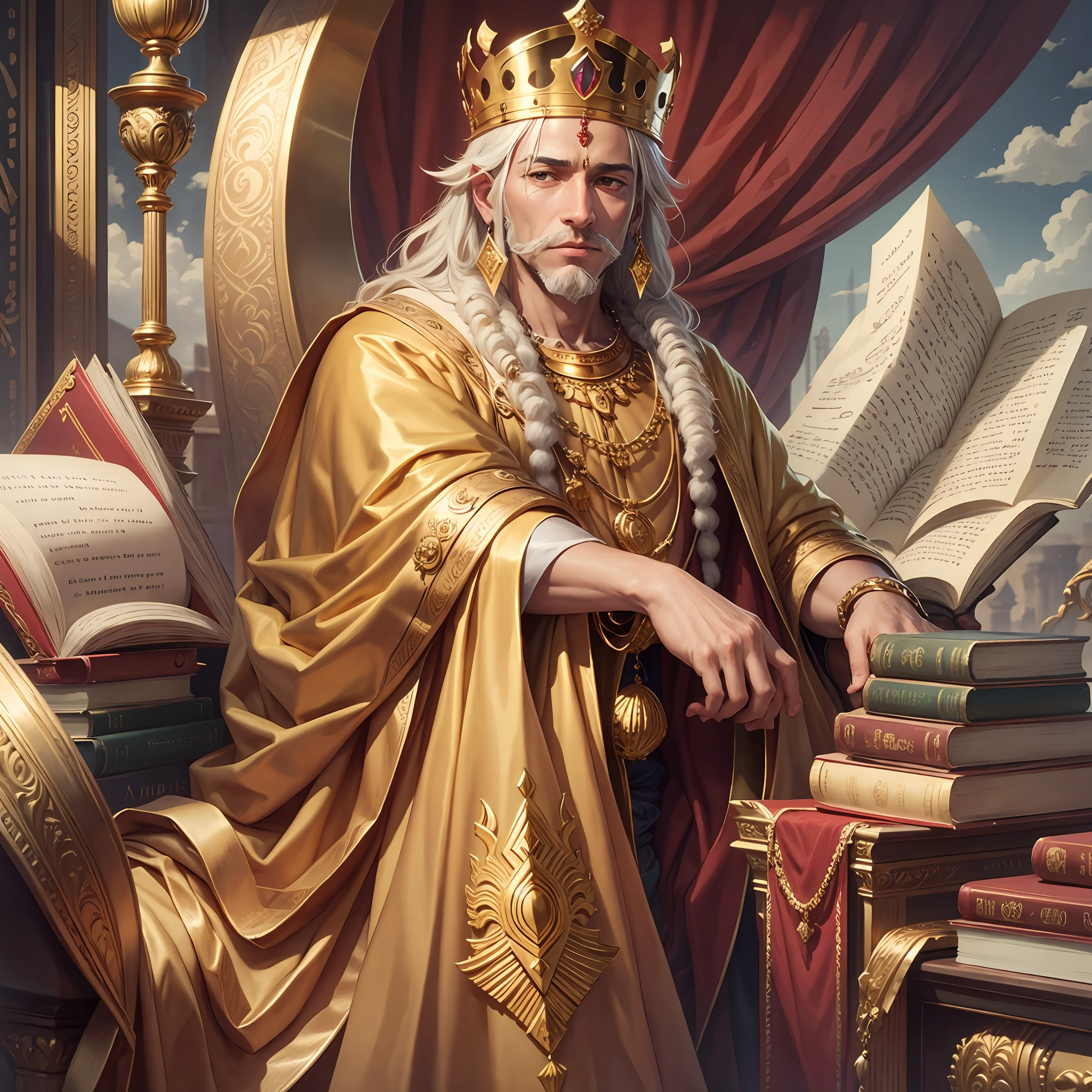 King Solomon with gold and books arranged --auto --s2